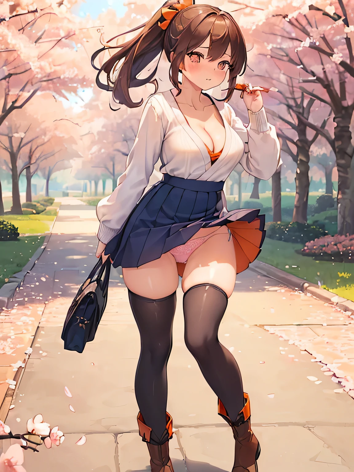 (Masterpiece, top quality, high resolution, realistic photo, realistic looking skin:1.1),
(Woman walking in park lined with cherry blossom trees:1.2),
(Skirt billowing in the wind: 1.8),
(hand holding down her skirt: 1.8),
(Fully exposed panties: 1.8),
(blushing and embarrassed expression as her skirt flips up:1.5),
(She is wearing a bright orange long-sleeved V-neck knit: 1.8),
(She is wearing a navy flared mini-skirt:1.8),
(She is wearing brown middle boots: 1.8),
(She does not wear knee-high stockings because they are too hot: 1.8),
(I do not wear knee-high socks because it is too hot. 1.8),
(Panties are loudly colored and patterned: 1.5),
(Brown hair in a middle ponytail:1.5),
(Small face:1.5),
(D-cup breasts so you can see her cleavage: 1.5),
(Location: a park lined with cherry blossom trees where the wind blows: 1.5),
1 Japanese girl, solo, full bodied esbian, beautiful eyes, glowing eyes, glowing thighs, NSFW