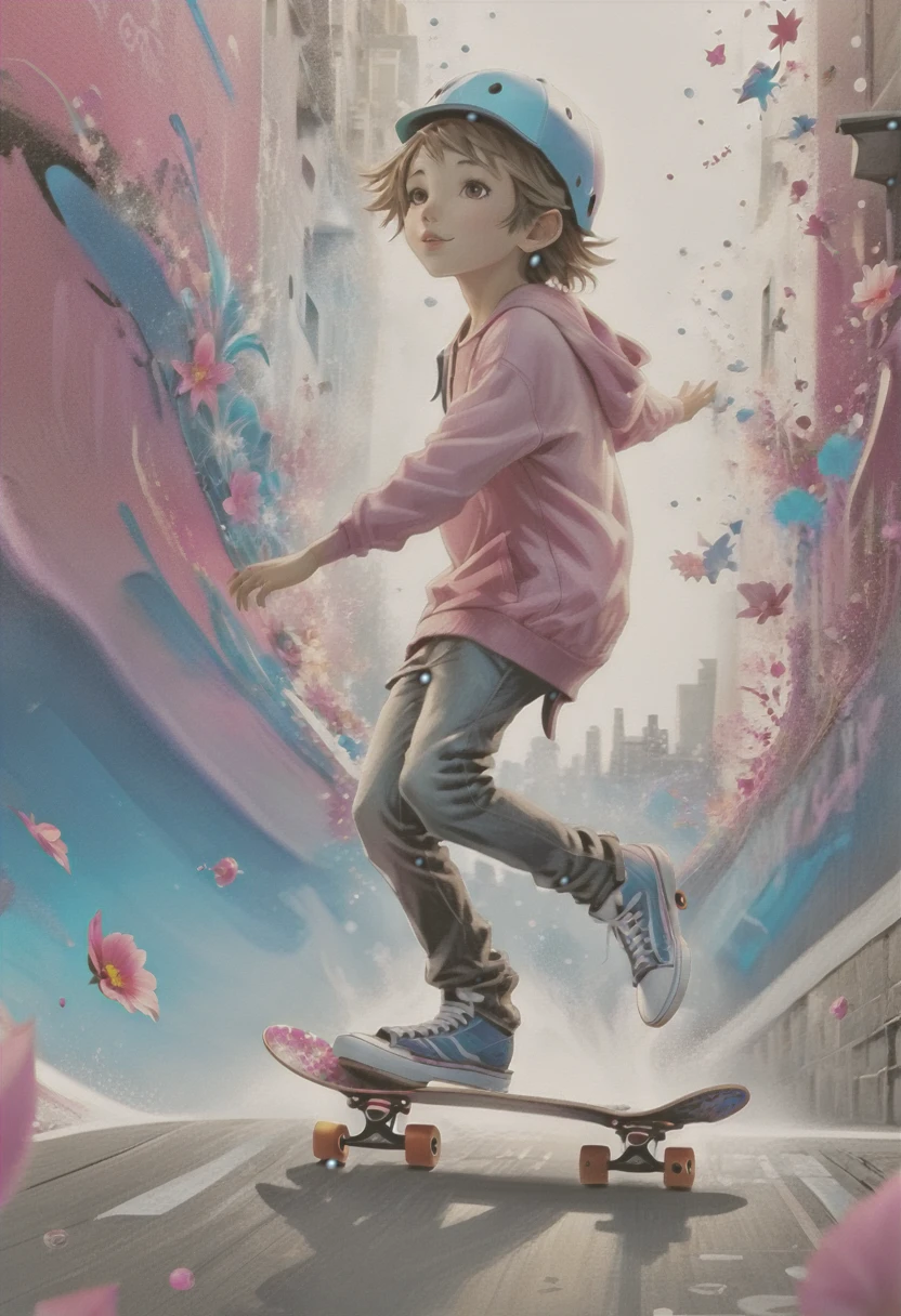 ((masterpiece: 1.5, wide long shot: 1.5)). (young boy on top of a skateboarder, the shot has to be wide long shot: 1.5, Esqueiter's clothes, Generate a delicate and modest fae exploring a (clothes and details with a wide variety of bright color shades)).(perfect skater jump:1.4), all extremely detailed and realistic with youthful features.., A perfect, half-open and sensual mouth, with swollen, kissable lips, Her lips are a uniform shade of pink.. Includes fun and impressive features.. very realistic eyes. His eyes are important and must be hyper-realistic. Very detailed and beautiful. In high definition and detail, includes many details such as stars, galaxies, colored bubbles, colored petals, bright paint drops, walls with graffiti art, iridescence, and a lot of energy and emotion. ((skater jump is important! Includes fantasy details:1.6)), improved details, iridescence, colorful and bright wind, and pollen. Pay special attention to his face and make sure it is beautifully detailed and realistic.... camera: This art is dreamlike and ethereal and the camera should emphasize those features.... Create something strikingly beautiful. Use dynamic composition techniques, ((Imaginative scene)),((perfect, meticulously detailed:1.4)), ((full shot: 1.4, dynamic pose:1.3)), ((Best quality)), ((masterpiece) ) , 3d, (Hyper Detailed: 1.3), ((Cityscape: 1.3)), (Photorealistic: 1.4), ((Low Light Night Cinema Lighting: 1.2)).32k.
