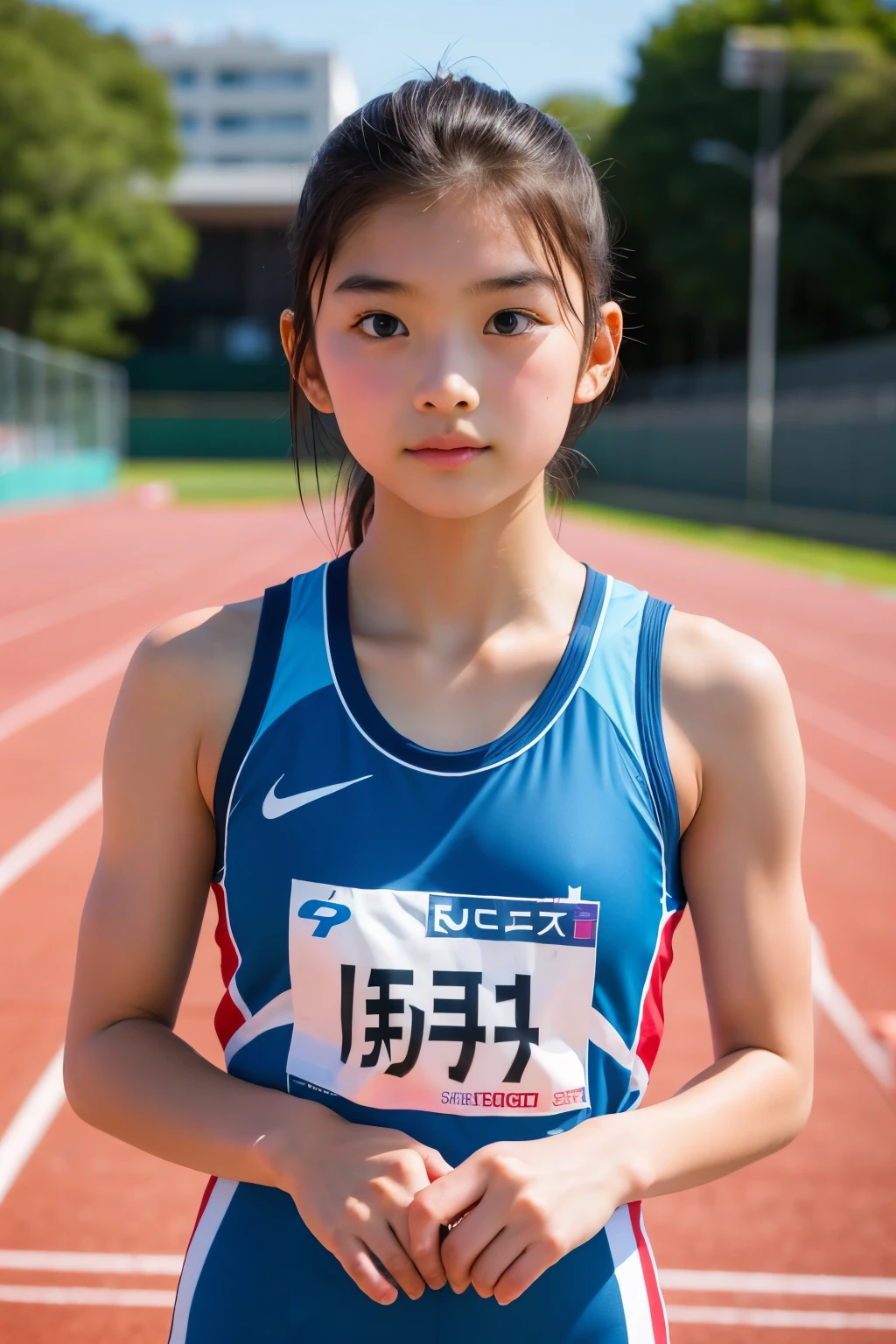 (Beautiful 14 year old Japanese female track and field athlete), cute face, (deeply carved face:0.7), (freckles:0.6), soft light,healthy white skin, shy, bob, (serious face), (sparkling eyes), athletics stadium, athlete, thin