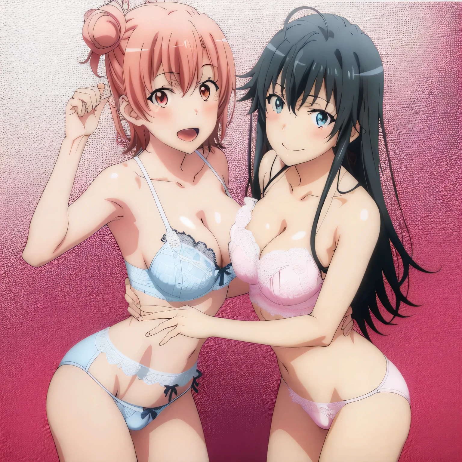 2 girls , Yukinoshita Yukino , yuigahama yui'bust and pussy are amazing, waltz dance , white dress shirt,ribbon,Light pink lace panties,white lace panties,(pussy line:1.0),thighs,high angle,look at the camera,smile,I'(I'm blushing with embarrassment),playground
