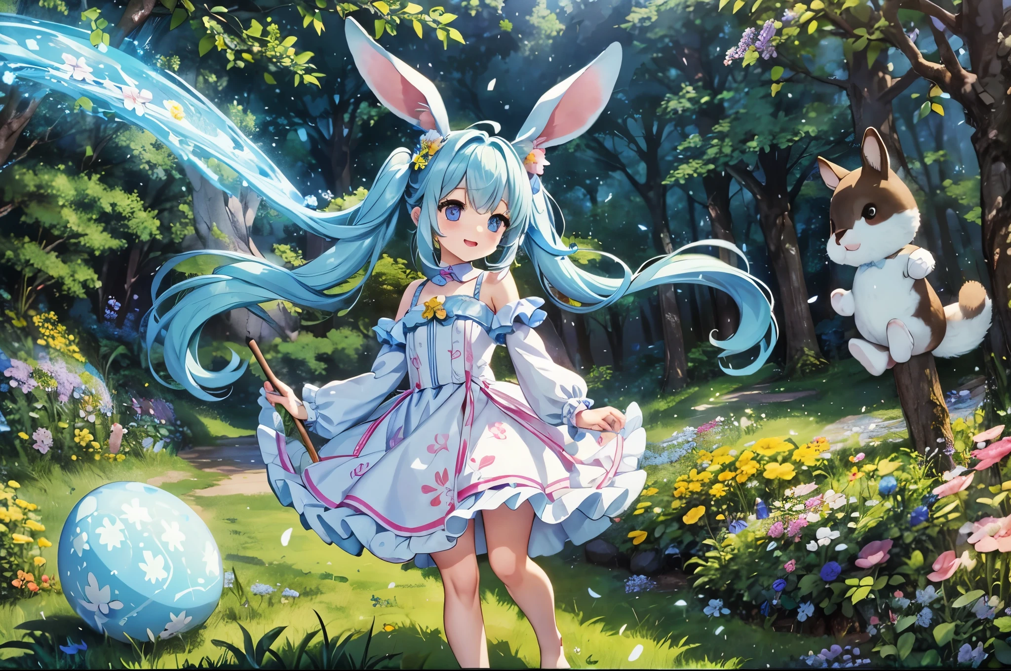 【best image quality】A fairyland full of flowers　light blue long hair、Cute girl with twin tails　Rabbitの耳　petals are dancing　lots of flowers　colorful eggs　Easter　Rabbitと大きな卵　Dynamic mode　In a forest full of flowers　squirrel　Rabbit　I&#39;m with the bear cub　cute blue and white dress　adorable smile　in the forest　forest creatures　Rabbitちゃん　Subbear　squirrel　There are friends in the forest。　There are also mushrooms。Eared rabbit　barefoot　cute costumes　