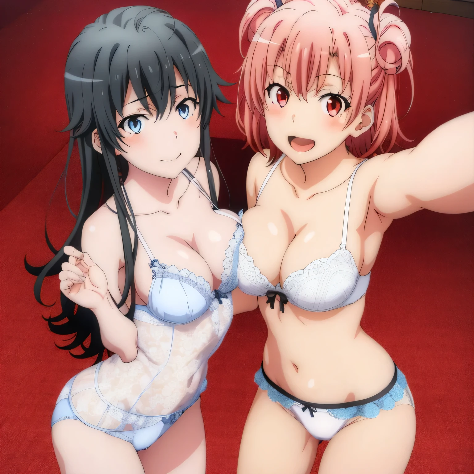 2 girls , Yukinoshita Yukino , yuigahama yui'bust and pussy are amazing, waltz dance , white dress shirt,ribbon,Light pink lace panties,white lace panties,(pussy line:1.0),thighs,high angle,look at the camera,smile,I'(I'm blushing with embarrassment),playground