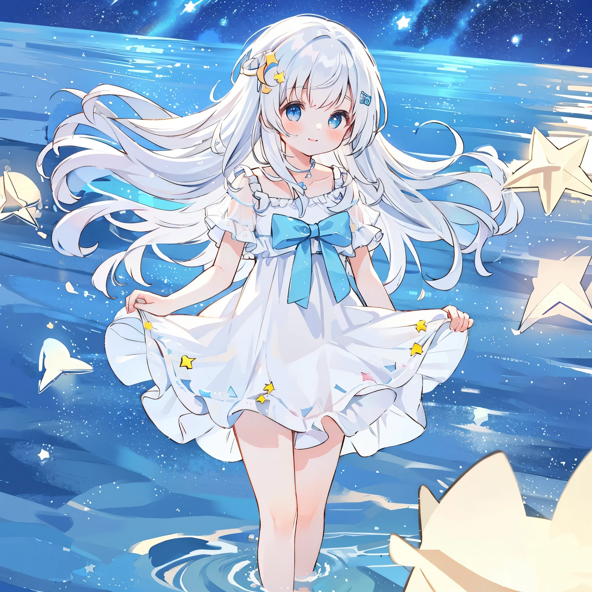 an ocean of stars, night sky, colorful, ethereal, charming girl in a white sheer doll dress, white hair, walking on the water, Her smile was filled with tenderness and joy, giant crescent white moon dipping into the water in the background, (((((((stars))))))
