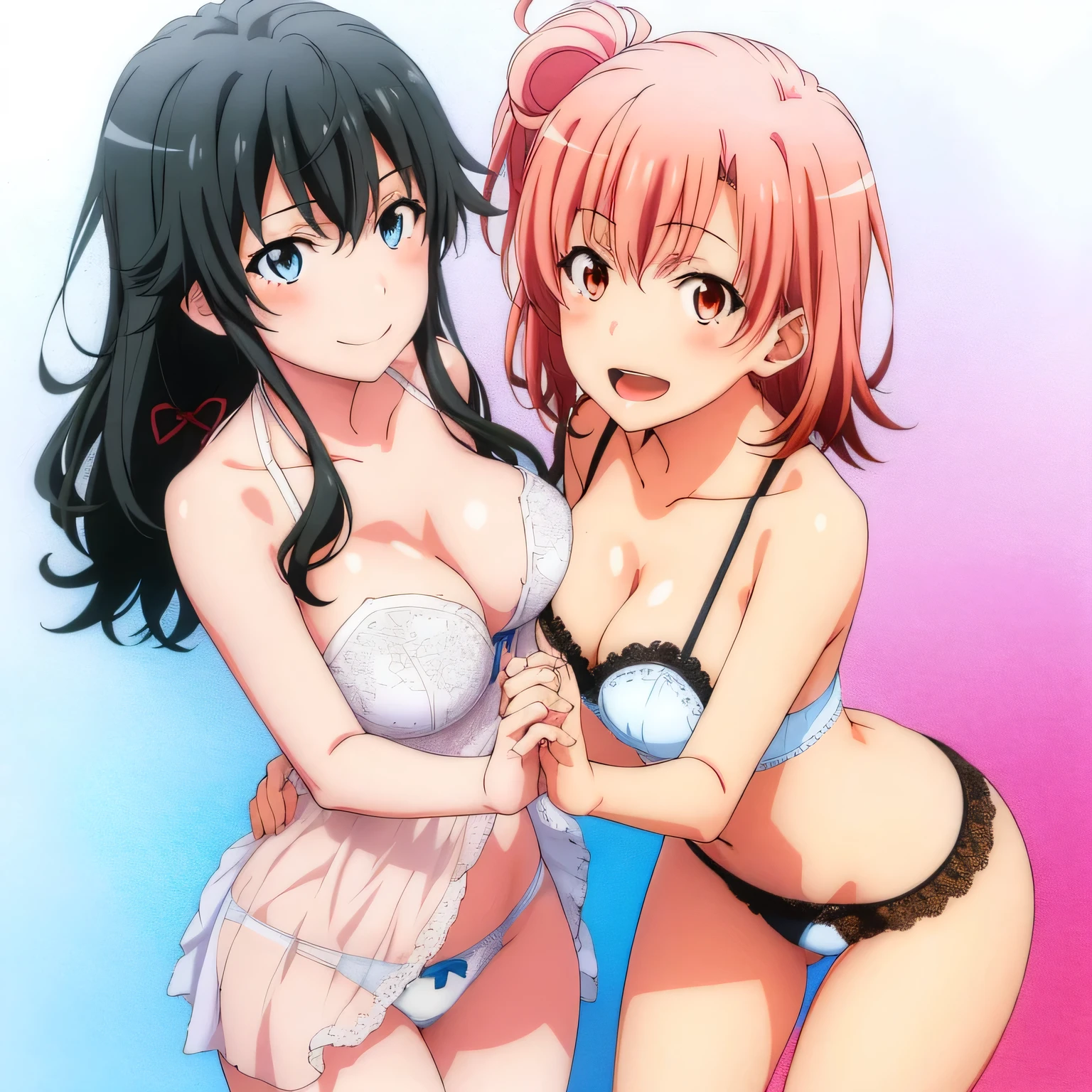 2 girls , Yukinoshita Yukino , yuigahama yui'bust and pussy are amazing, waltz dance , white dress shirt,ribbon,Light pink lace panties,white lace panties,(pussy line:1.0),thighs,high angle,look at the camera,smile,I'(I'm blushing with embarrassment),playground