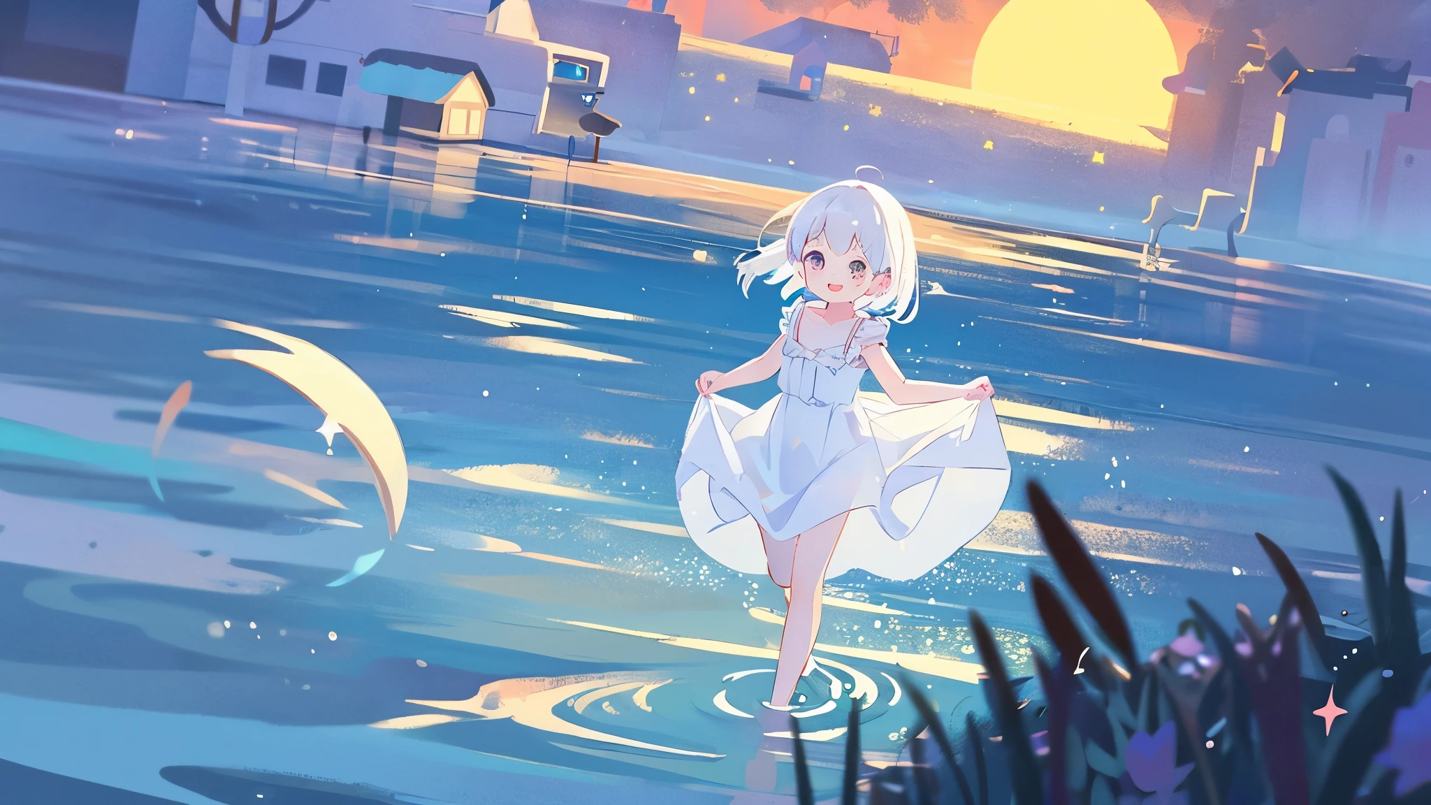 an ocean of stars, night sky, colorful, ethereal, charming girl in a white sheer doll dress, white hair, walking on the water, Her smile was filled with tenderness and joy, giant crescent moon, midjourney style