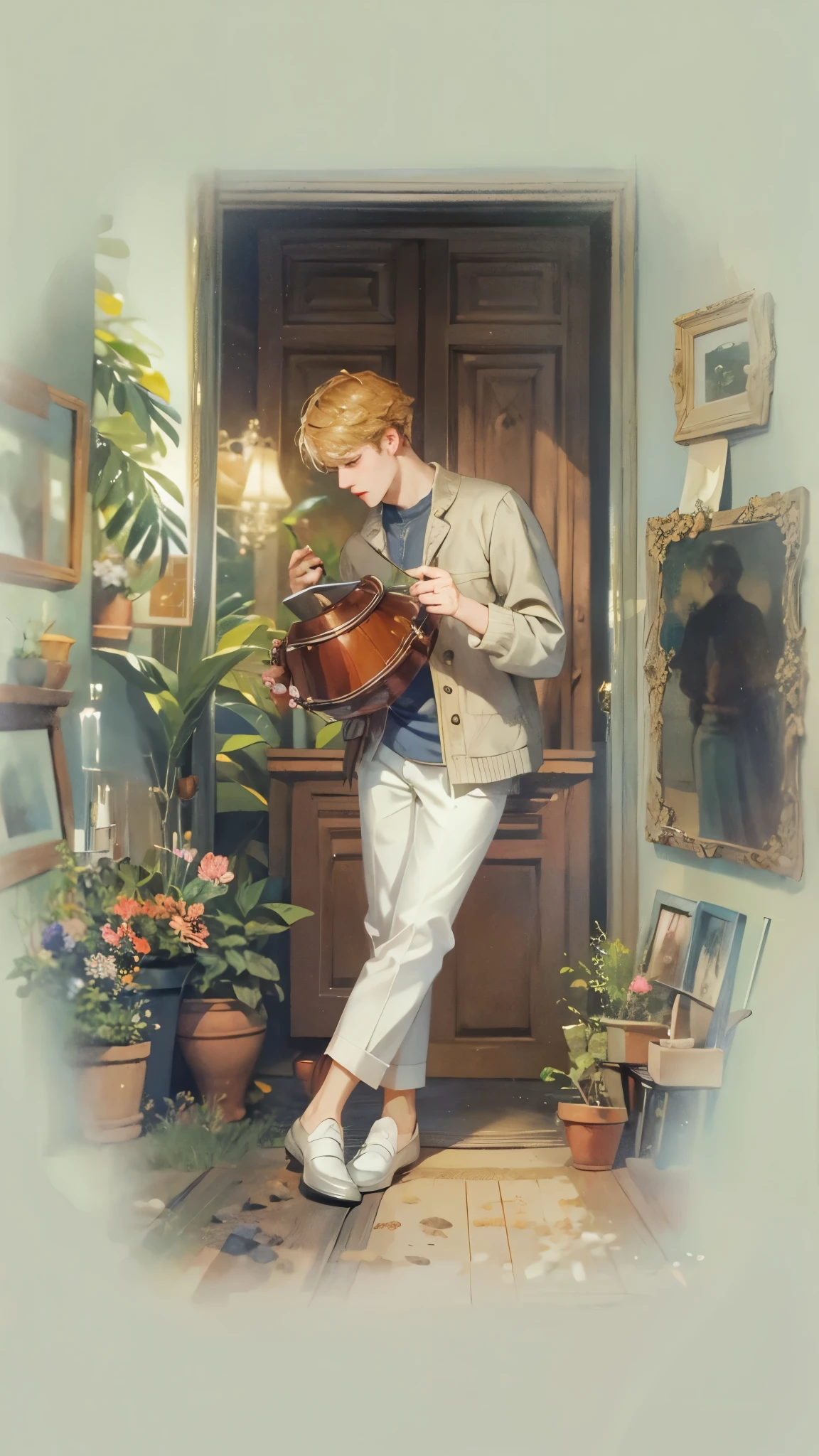 ((Best quality)), ((masterpiece)), (detailed), ((perfect face)), ((halfbody)) handsome young artist, engaging in various activities within his cozy home nestled in a serene forest. Capture moments of his daily life, such as painting, reading, playing a musical instrument, or enjoying a cup of tea, as he explores his creativity and self-discovery, all while surrounded by the warmth and comfort of his sanctuary