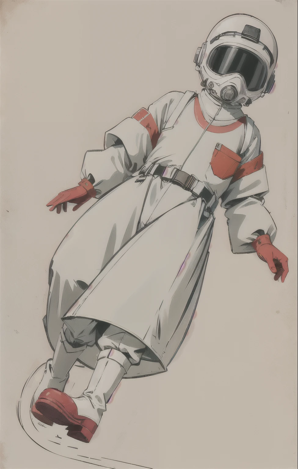(ultra detailed,ultra high res,detailed background),((2D)),((flat color)),((muted color)), 1solo, looking at viewer, white hazmat suit, (big red galoshes), plush collar, full body image, square helmet