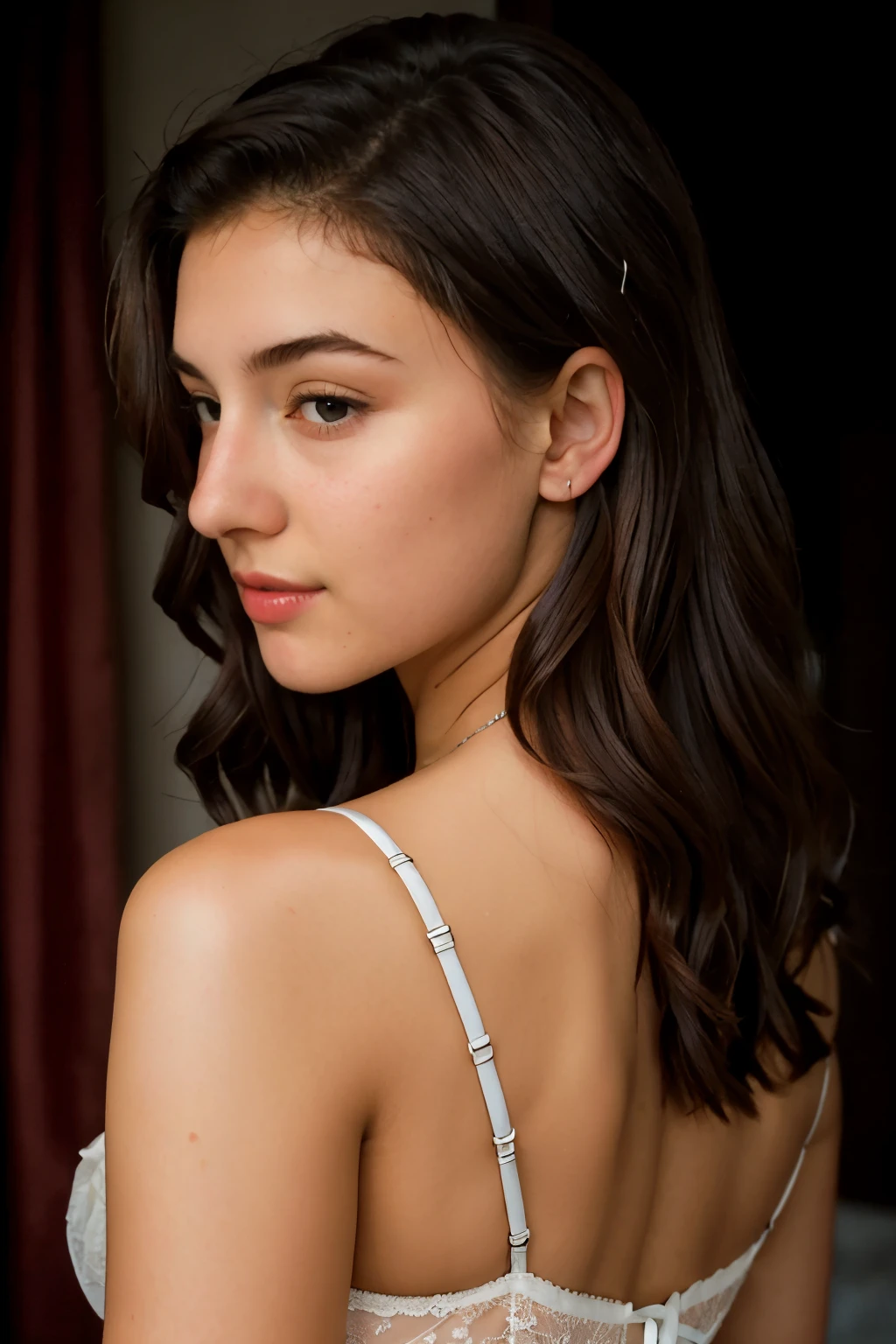 (close-up of a beautiful 18 year old girl on a 19th century street wearing lace lingerie), (serious:0.5), (Highly detailed face:1.4), back view, 4 portrait codes 400, camera f1.6 lenses, Rich colors, hyperrealistic, realistic texture, dramatic lighting, film studio 800, 19th century Victorian style., evening, Vintage lighting, Medium curly hair