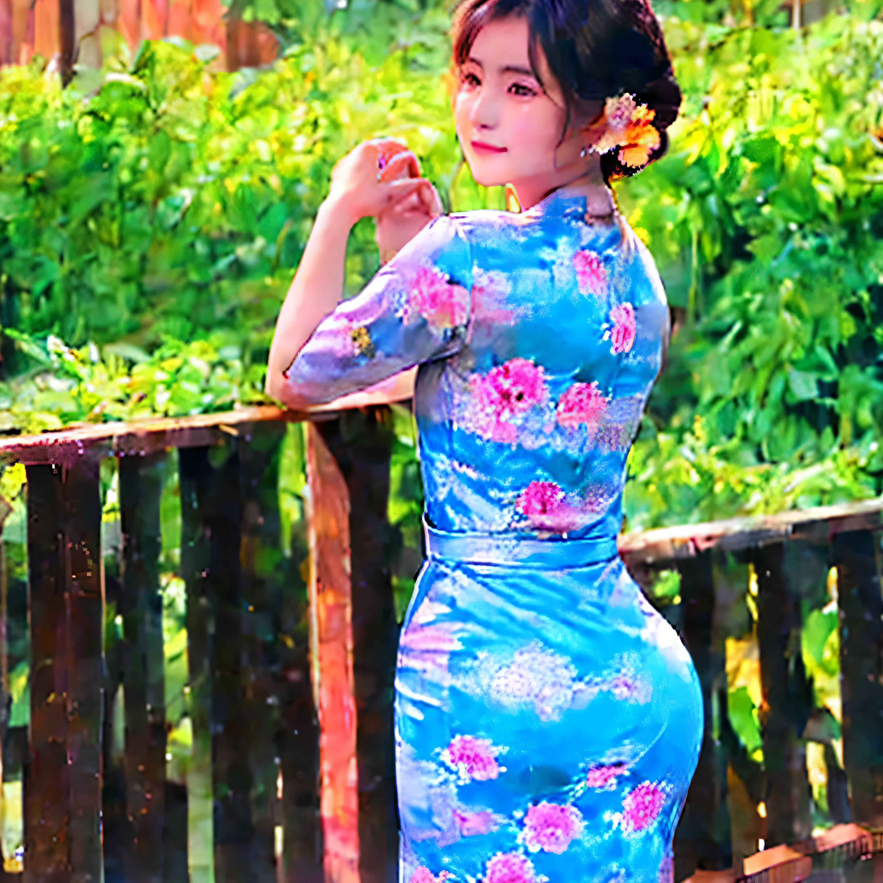 a beautiful girl in vintage colors aodai, masterpiece ,(Dye painting)  ( Black color   dress ) wrapped in a large flower print( flower silk ..... with  ) best quality, realistic:1.3, street, cyberpunk, holding bundle of adubon sunlight, backlighting, (well pper Adhere to clear natural light hdr))full budy, big ass (Remove extra limbs, remove accurately) intricate scene, artstation, intricate details, vignettefulbudy(cartoon)