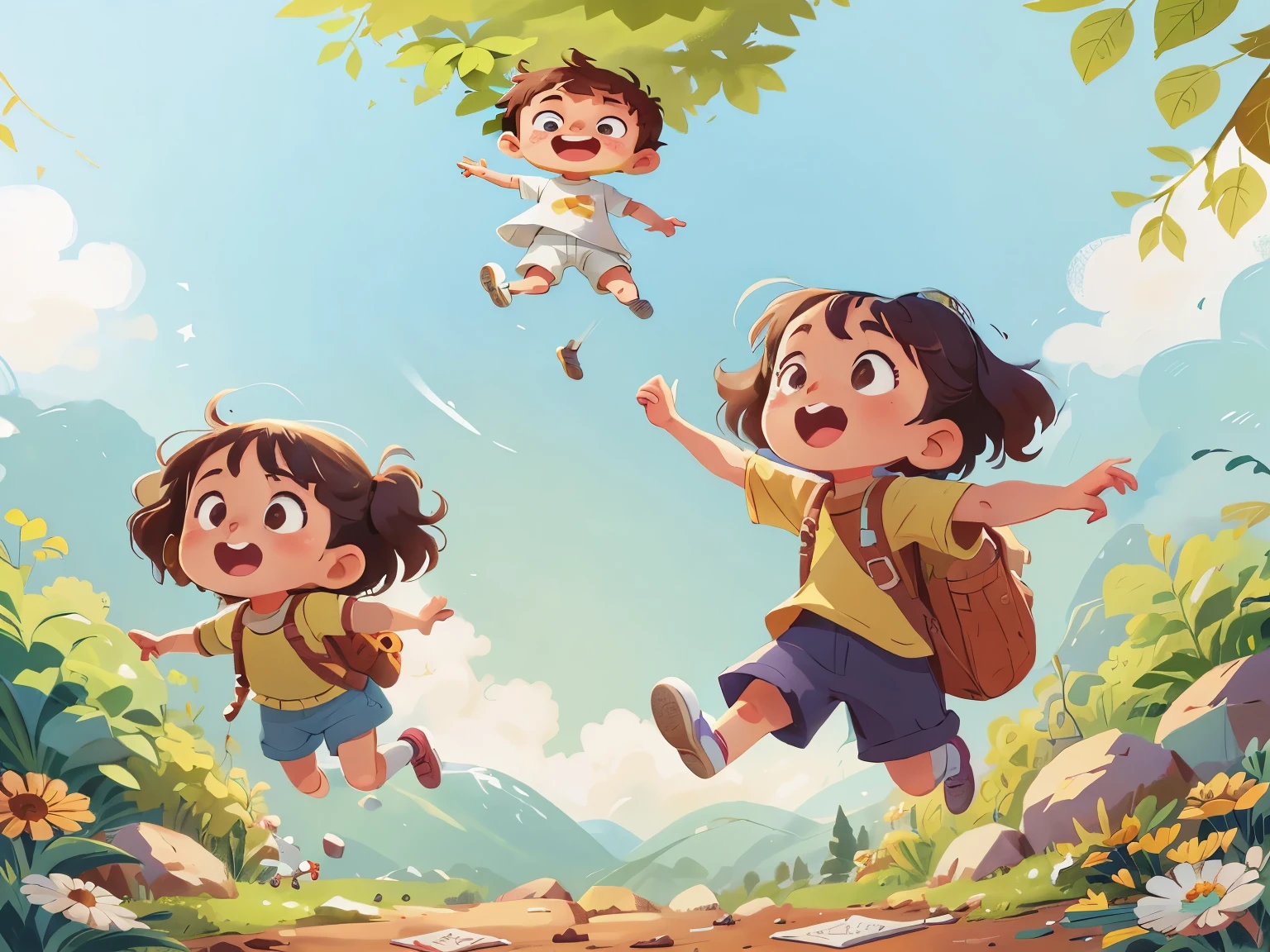 Cartoon illustration of three children jumping in the air in the moutain vietnam, childrens art in artstation, children illustration, A beautiful artwork illustration, Cartoon style illustration, children's book illustrations, children's book illustrations, KIDS ILLUSTRATION, Official illustration, lovely art style, Game illustration, Mobile game art, Official artwork, Cute detailed digital art, children's book illustrations, Children's illustration