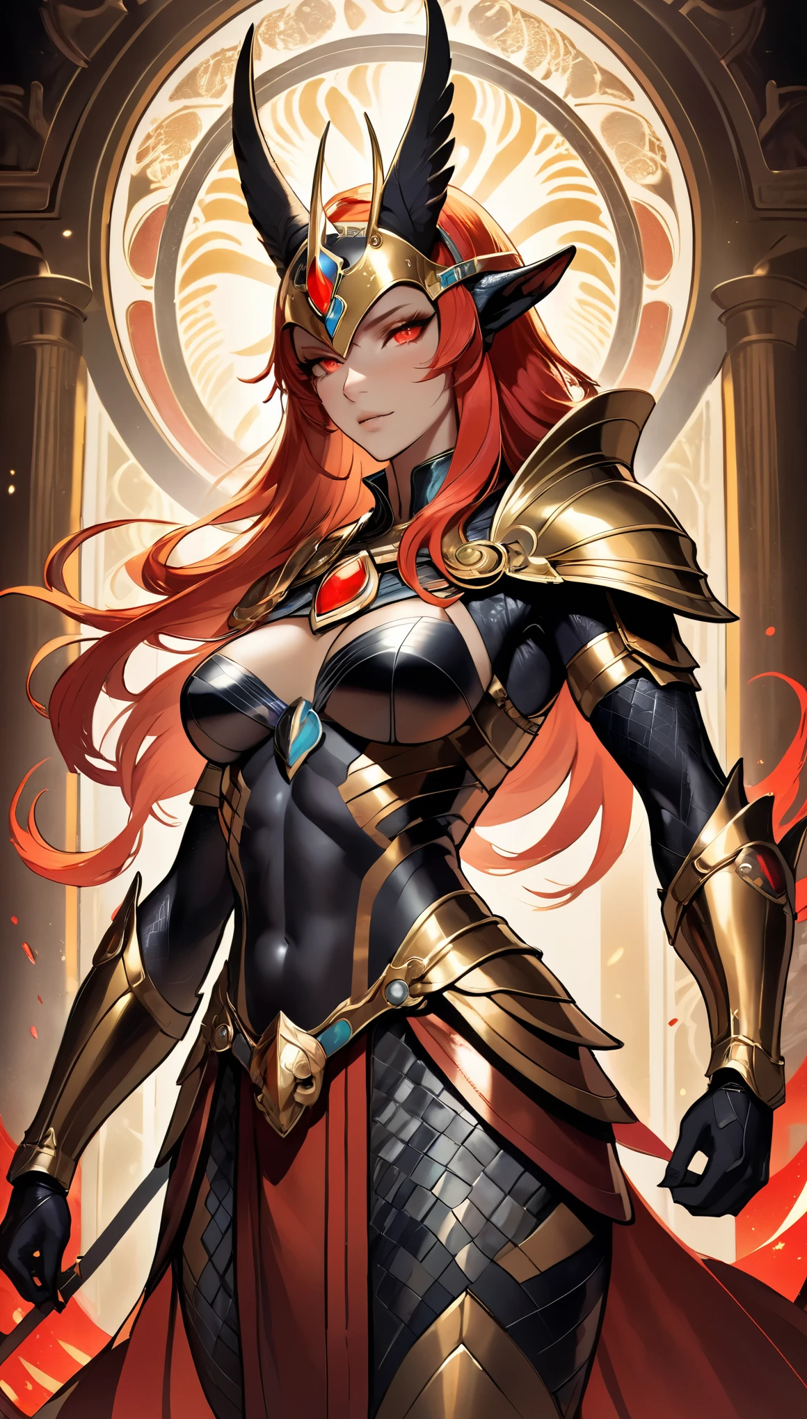 Professor Sylara is a tall, athletic 25-year-old human woman with long, deep red hair and blue eyes., wearing elegant armor with gold details, tight pants with colors according to his armor with riding boots, a sword, and a background of a forest, anime style. Individual image of her in full body. without cape. He is in action pose. No tree. Has one leg raised with the knee bent, like he was kicking or jumping. No enemies. His mouth is slightly open as if he had exercised a lot.. He has light skin.