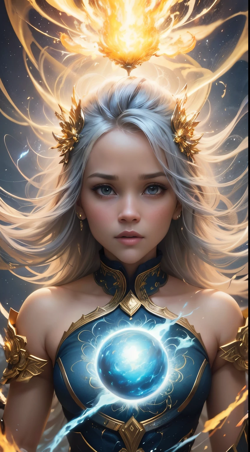Looks like Reese Witherspoon, Spark cotton blue-gold fire ball lightning whirling Ultra detailed illustration painting of a bedazzling wild enviroment, rule of thirds depth of field intricate details, concept art, subtle colors, fantastical realm, extremely detailed, ultra sharp focus, light particles, attention to detail, grandeur and awe, cinematic, stunning visual masterpiece, double exposure, 8k, photorealistic, strong outlines, dynamic pose,