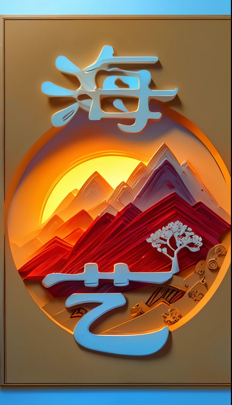 (White background), (The art of math)， (Oriental elements, Chinese color, Advanced color matching), (3D sculpture，Rendered by Octane，Volumetric light，natural soft light), (Super exquisite:1.2, Loss of focus:1.2, Very Colorful, movie lighting, chiaroscuro,Ray tracing), Mountain, river, Tree,flower