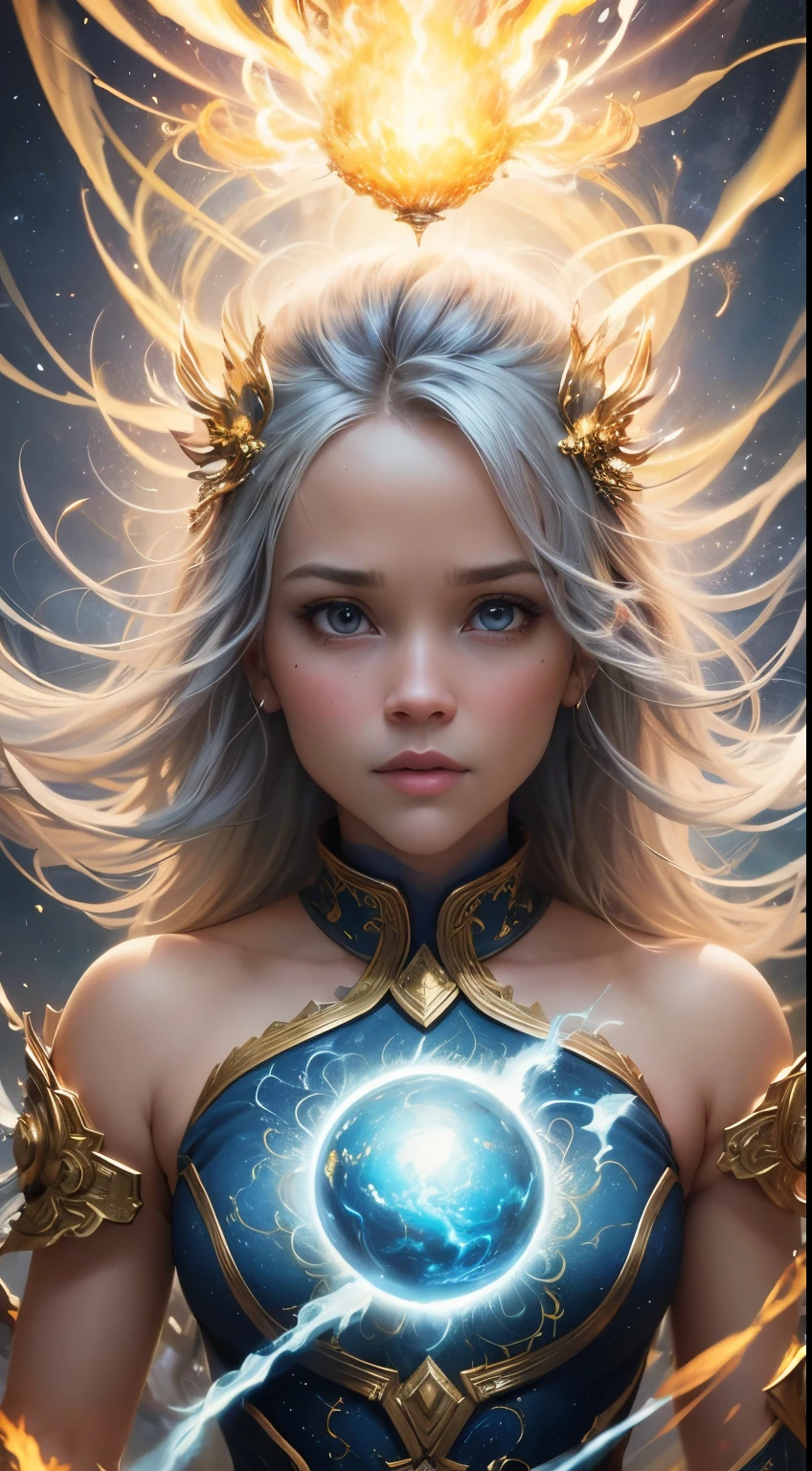 Looks like Reese Witherspoon, Spark cotton blue-gold fire ball lightning whirling Ultra detailed illustration painting of a bedazzling wild enviroment, rule of thirds depth of field intricate details, concept art, subtle colors, fantastical realm, extremely detailed, ultra sharp focus, light particles, attention to detail, grandeur and awe, cinematic, stunning visual masterpiece, double exposure, 8k, photorealistic, strong outlines, dynamic pose,