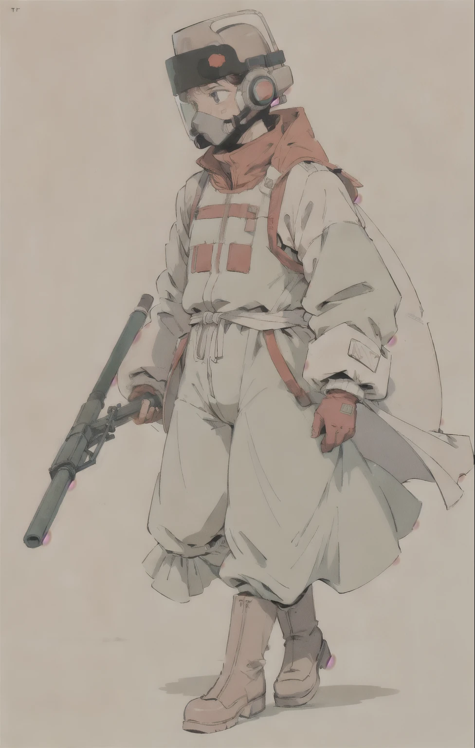 (ultra detailed,ultra high res,detailed background),((2D)),((flat color)),((muted color)), 1solo, looking at viewer, white hazmat suit, (big red galoshes), plush collar, full body image, square helmet