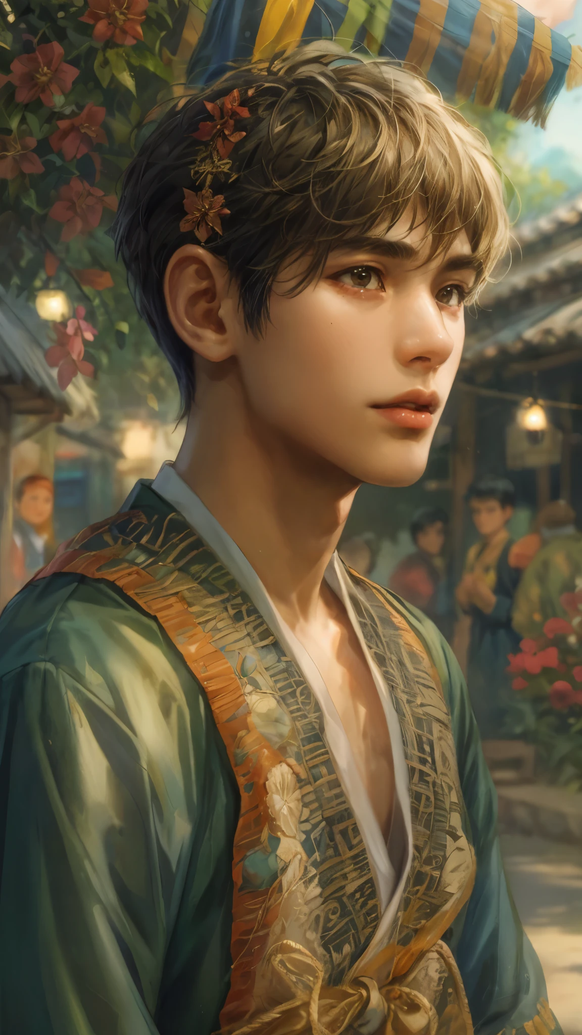 (masterpiece,best quality,ultra_detailed,highres,absurdres), close-up , perfect face, handsome boy, shorthair, Philippine ethnic costume, detailed festival in town scenery, scenery of town Philippines style, detailed character