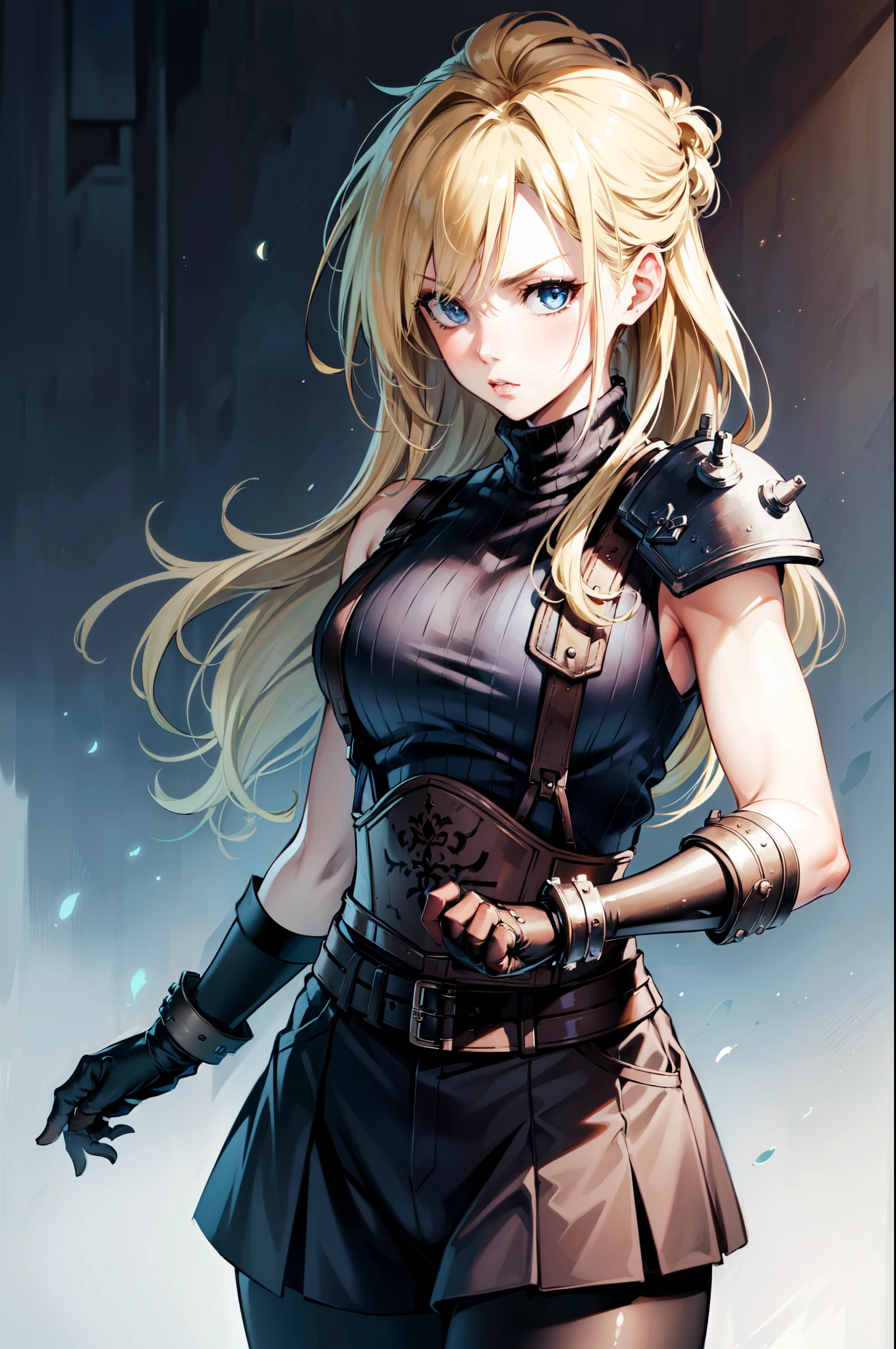 (masterpiece, best quality:1.2), expressive eyes, perfect face, highres, 1 girl, solo, (female:1.5), strife, blonde hair, shoulder armor, sleeveless turtleneck, suspenders, belt, gloves, bracer, blushing, surprised face, standing, portrait, looking at viewer,