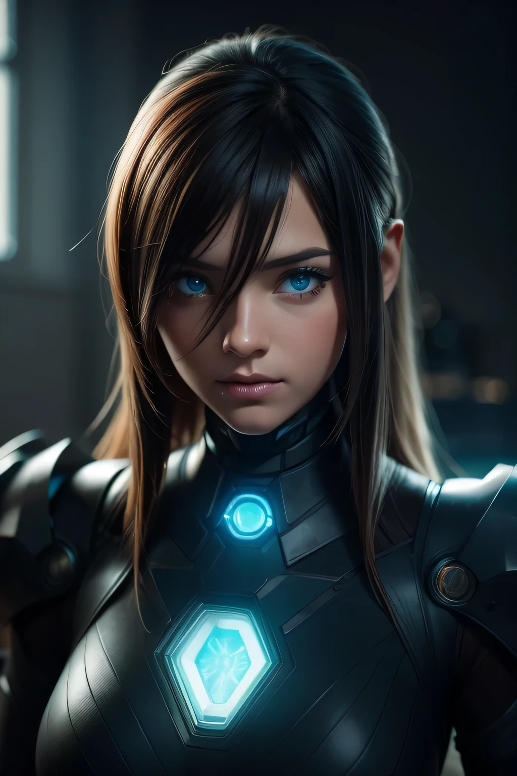 girl realistic and intricate perfect beauty face, detailed & asymmetric perfect sharp galaxy glowing eyes, detailed face, (((from face to the waist))), (((beauty shape))), ((in realistic neon-lit sci-fi black plugsuit metal mech parts and robotic tentacles with neon-lit lights)), masterpiece, 4k, UHD