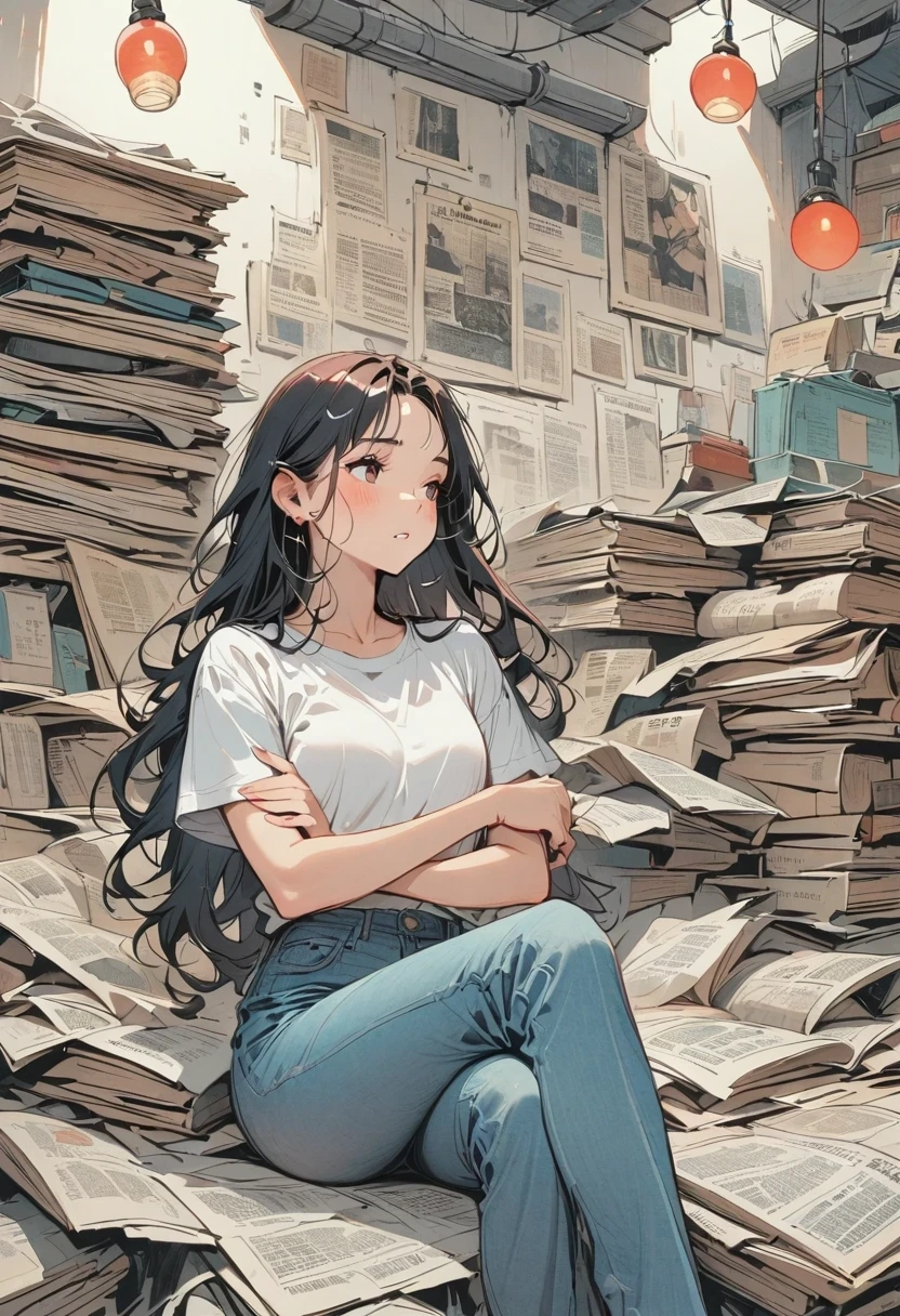 (Graphite painting), (A beautiful charming girl sits cross-legged on a mountain of old newspapers in the basement), (She is wearing a white crew neck shirt and jeans), young wild asian face, Slightly mixed face shape, (Slightly square chin: 0.4), Messy and too long, Hard curly hair, lazy, (perfect face), The slender eyes narrowed slightly, sports shoes, (Industrial lights on the roof emit a dim, weak red light: 1.34),
background: The basement is covered with many old newspapers and dilapidated walls, industrial style, retro shabby,
90s anime style, Bold silhouettes, Graphic arts, line art, black and white, line art with pen pressure, Pen pressure sketch, With pen pressure的书法笔, G pen style，With pen pressure, Hand drawn thick lines, high contrast, Most models,