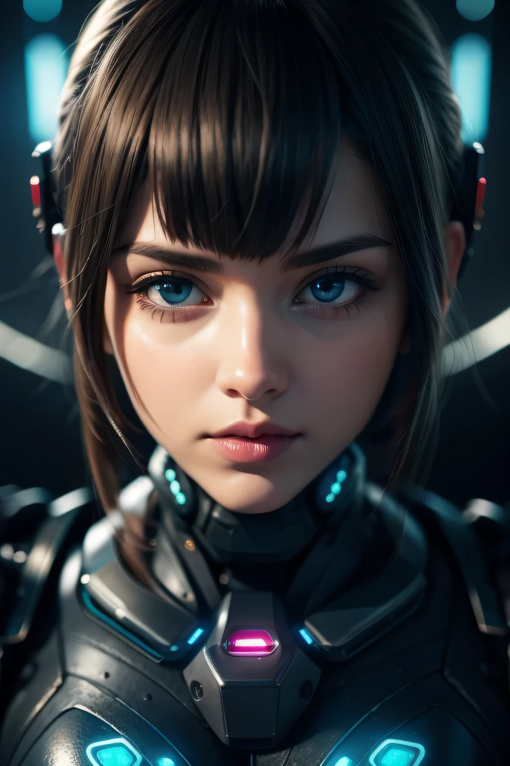 girl realistic and intricate perfect beauty face, detailed & asymmetric perfect sharp galaxy glowing eyes, detailed face, (((from face to the waist))), (((beauty shape))), ((in realistic neon-lit sci-fi black plugsuit metal mech parts and robotic tentacles with neon-lit lights)), masterpiece, 4k, UHD