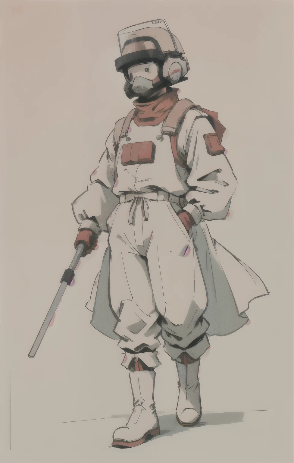 (ultra detailed,ultra high res,detailed background),((2D)),((flat color)),((muted color)), 1solo, looking at viewer, white hazmat suit, (big red galoshes), plush collar, full body image, square helmet