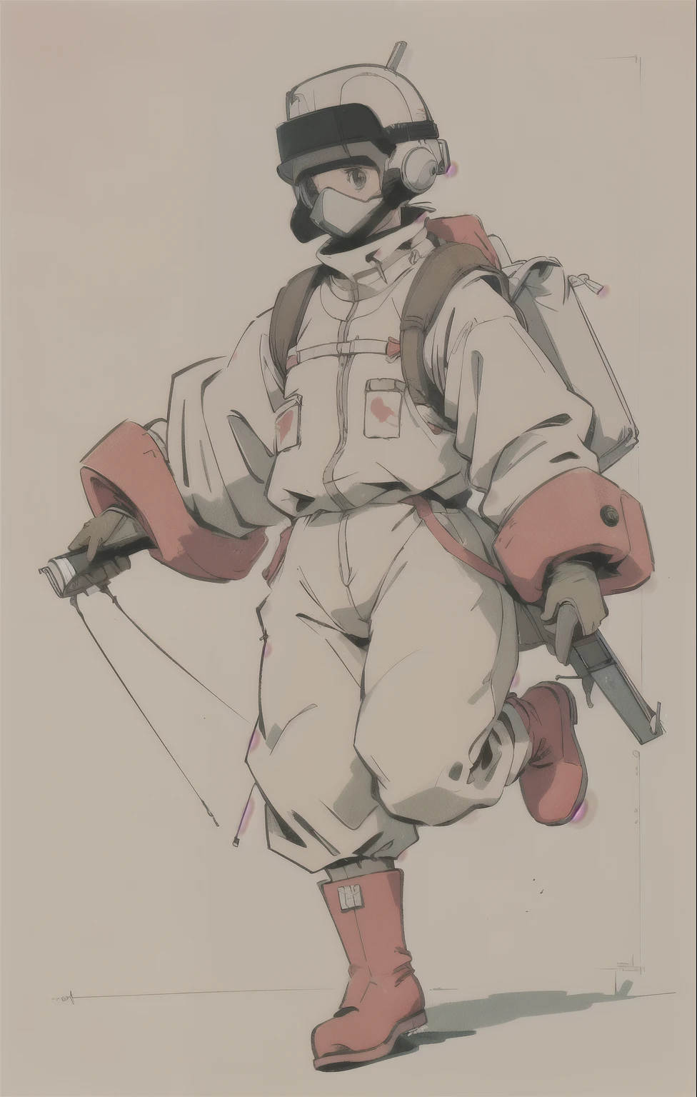  (ultra detailed,ultra high res,detailed background),((2D)),((flat color)),((muted color)), 1solo, looking at viewer, white hazmat suit, (big red galoshes), plush collar, full body image, square helmet