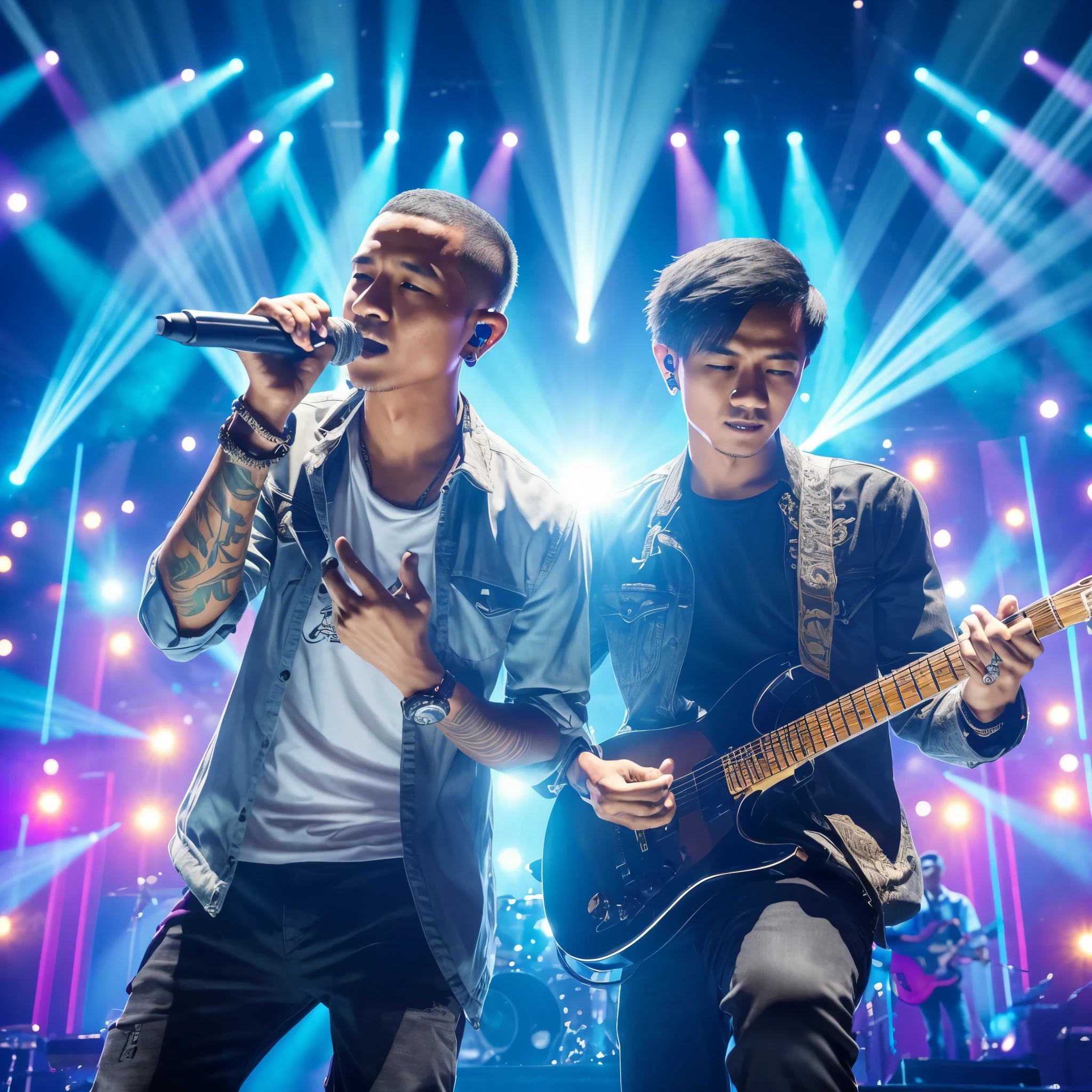 an Indonesian man who looks like Chester Bennington holding a microphone, accompanied by a young Indonesian man, handsome face, playing the guitar, on a magnificent stage decorated with colorful spotlights, moving enthusiastically, attractive, intricate detail, realistic textured, 8K