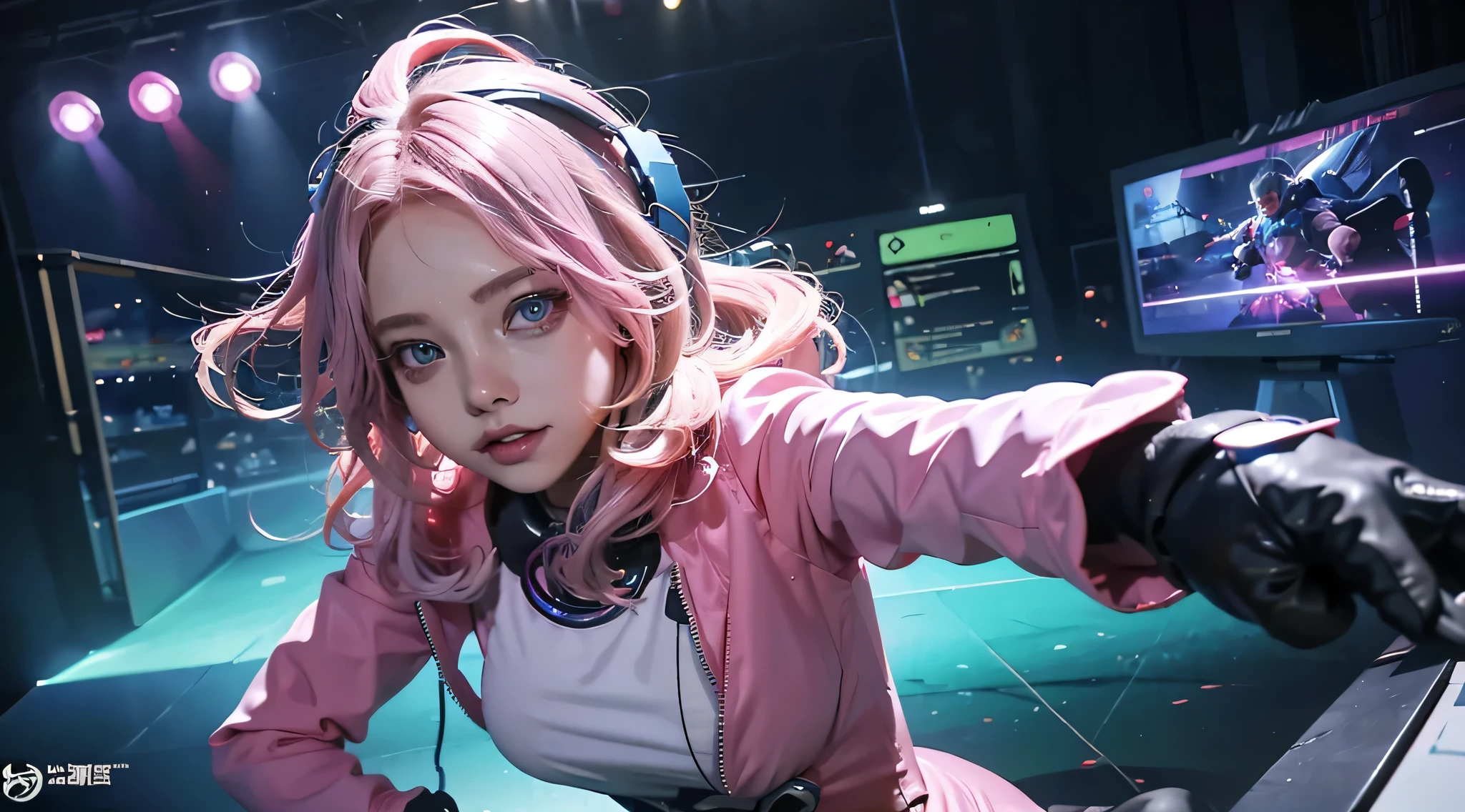 A girl with pink hair, wearing a colorful outfit and cosplay costume, stands in a dynamic pose. She has a playful expression on her face as she enjoys playing video games. The girl is a gamer, immersed in her virtual world, holding a console controller in one hand and a keyboard in the other. She wears headphones, symbolizing her dedication to gaming. The scene is set in a brightly lit studio with soft lighting, enhancing the vivid colors of the girl’s outfit. The composition is creative and cartoonish, with a background scenery featuring artistic interpretation of video game elements. Glowing digital effects surround the girl, adding to the energetic and action-packed atmosphere. Electric blue accents are scattered throughout the image, giving it a mysterious and futuristic feel. Overall, the prompt aims to capture the fun, enthusiasm, and creativity associated with gaming, while showcasing the girl's passion and love for video games in an anime-style artwork.
Gamer girl pink hair sexy outfit