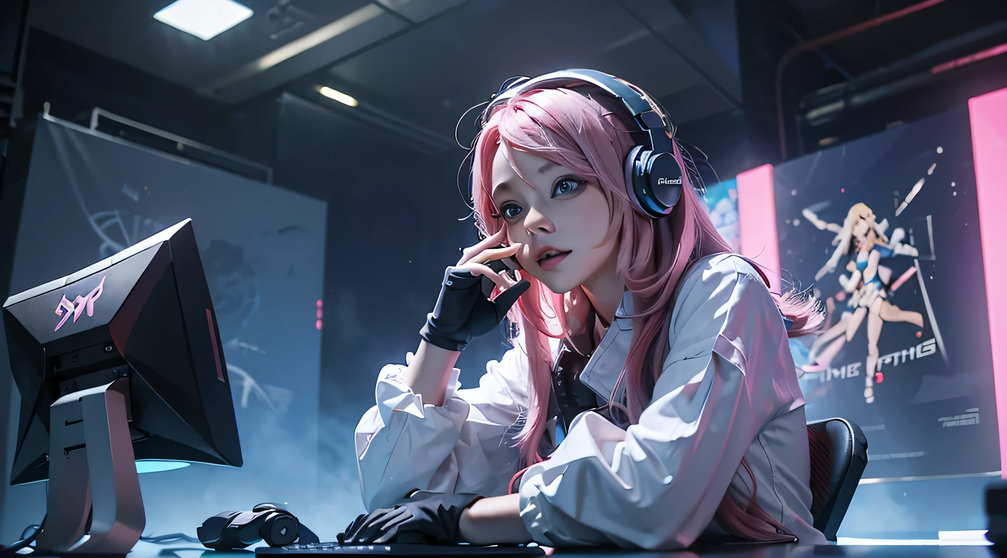 A girl with pink hair, wearing a colorful outfit and cosplay costume, stands in a dynamic pose. She has a playful expression on her face as she enjoys playing video games. The girl is a gamer, immersed in her virtual world, holding a console controller in one hand and a keyboard in the other. She wears headphones, symbolizing her dedication to gaming. The scene is set in a brightly lit studio with soft lighting, enhancing the vivid colors of the girl’s outfit. The composition is creative and cartoonish, with a background scenery featuring artistic interpretation of video game elements. Glowing digital effects surround the girl, adding to the energetic and action-packed atmosphere. Electric blue accents are scattered throughout the image, giving it a mysterious and futuristic feel. Overall, the prompt aims to capture the fun, enthusiasm, and creativity associated with gaming, while showcasing the girl's passion and love for video games in an anime-style artwork.
Gamer girl pink hair sexy outfit