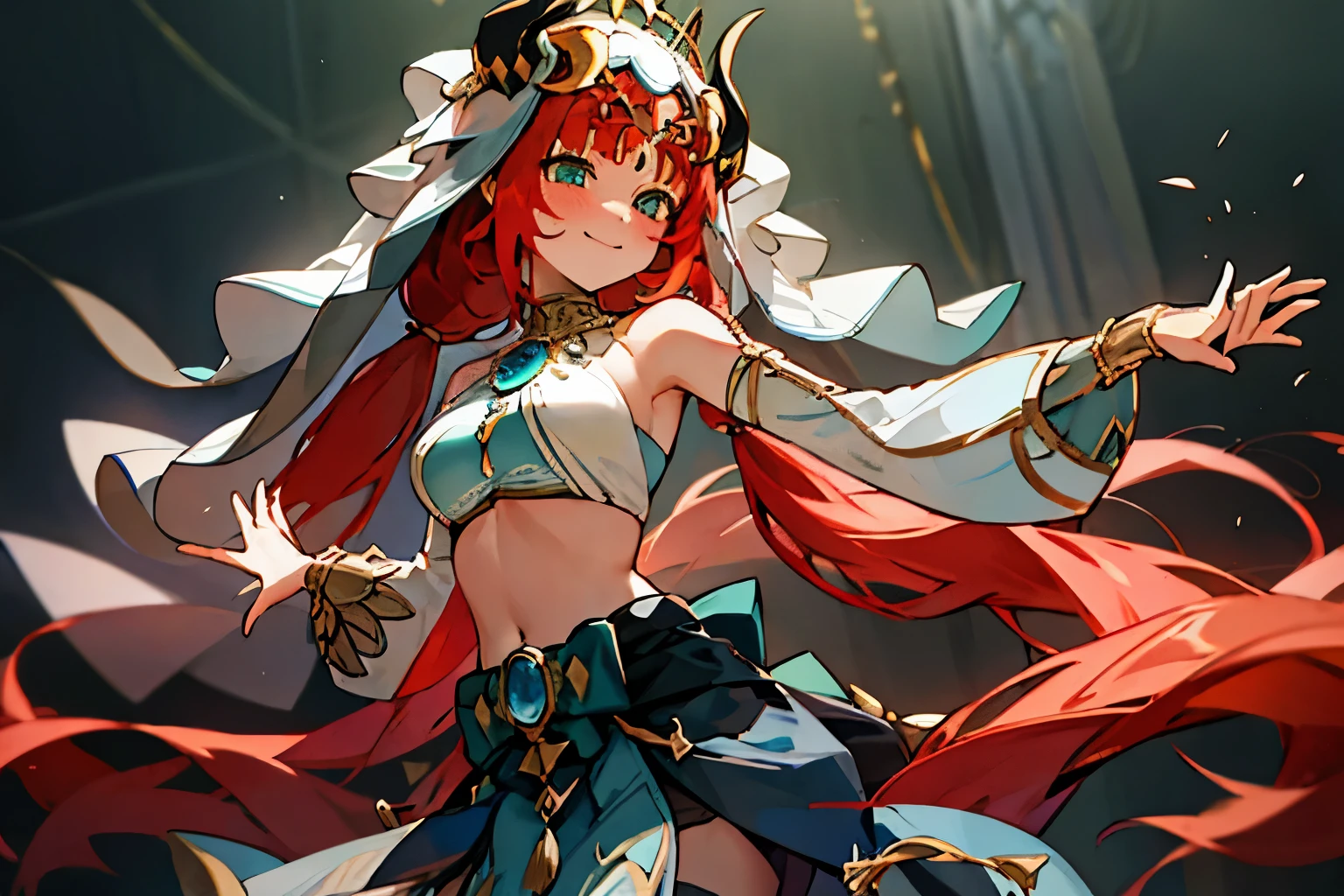 nilou, dancing, smiling, anime art, long_hair, bangs, red_hair, horns, veil, jewelry, fake_horns, breasts, twintails, smile, blush, parted_bangs, brooch, aqua_eyes, circlet, harem_outfit, bracer, neck_ring, medium_breasts, low_twintails, closed_mouth