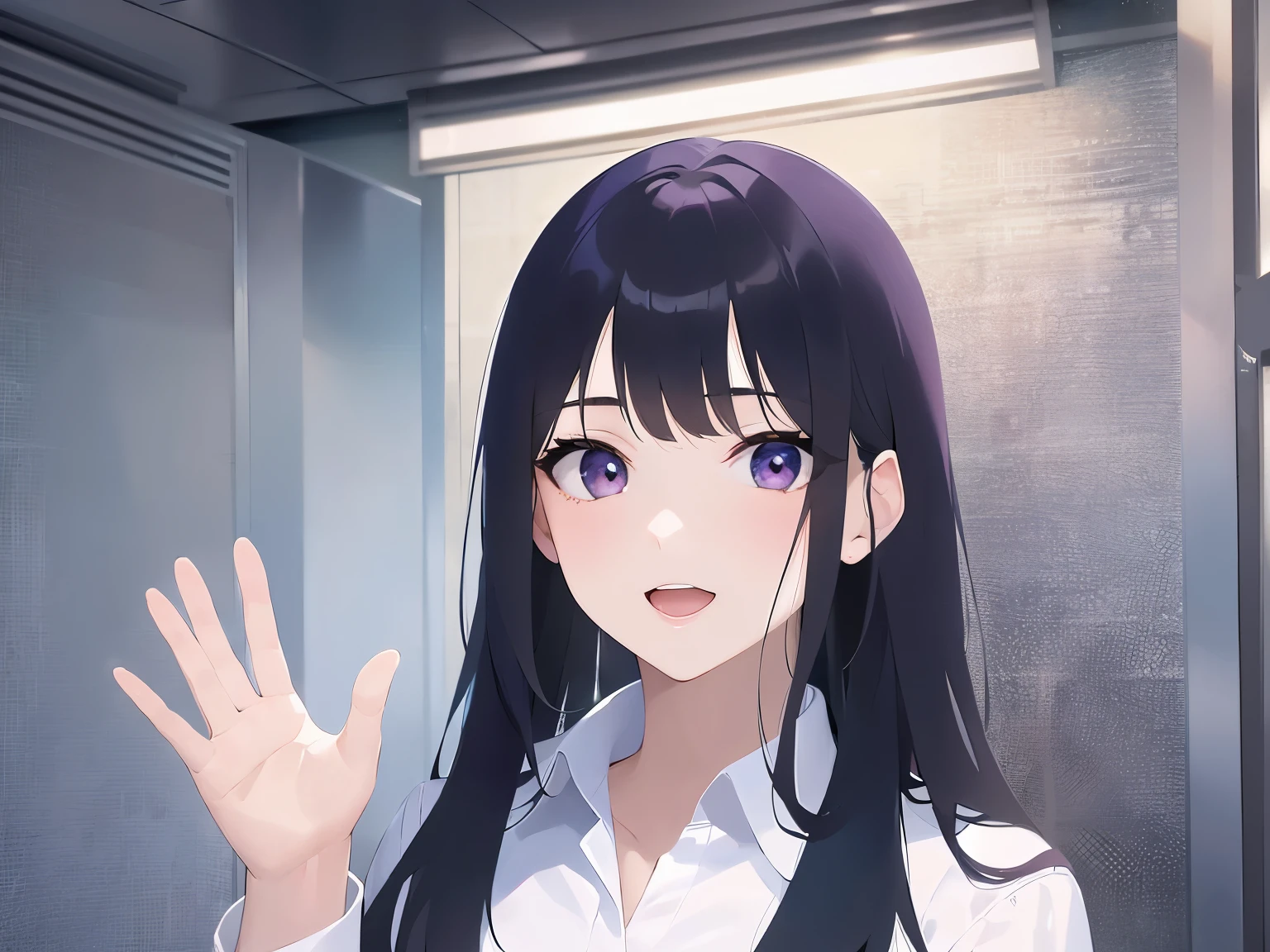 Biologically correct five fingers、Waving, Upper Body, Realistic, real person, (pale skin: 1.2), RAW photo, photorealistic, portrait photography, shiny skin, japanese idol、shiny hair、(25 year old woman with straight medium hair with bangs) and (black hair) and (purple eyes) , (business suit:1.2) and (white collared shirt) and (long sleeve) 、smile, open mouth, The background is a company conference room、Alone、Are standing