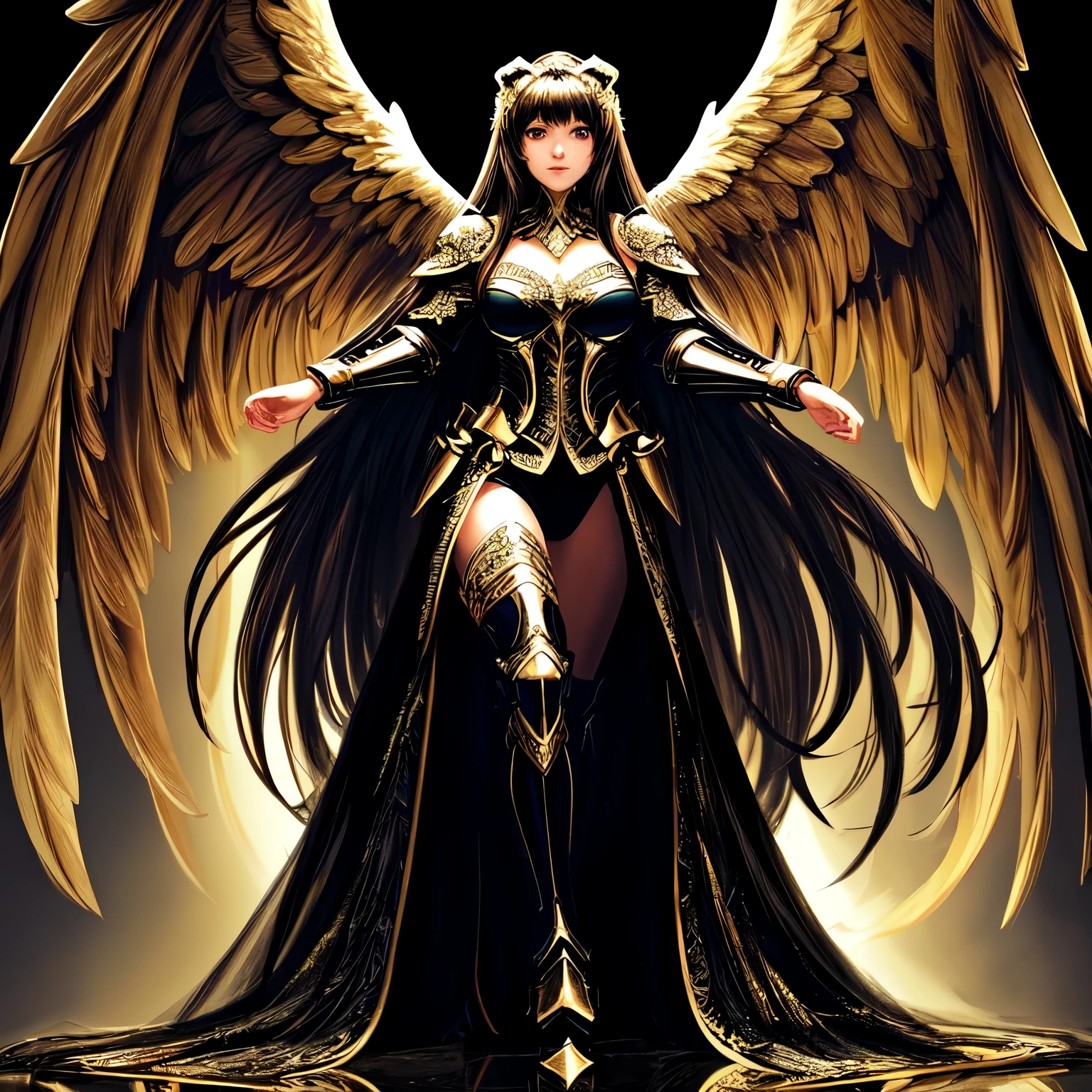 (masterpiece), (best quality), (high detail), best quality, extremely beautiful, beautiful face, Angel woman, 4 black angel wing ,dark background, full body. revealing armor, very long hair