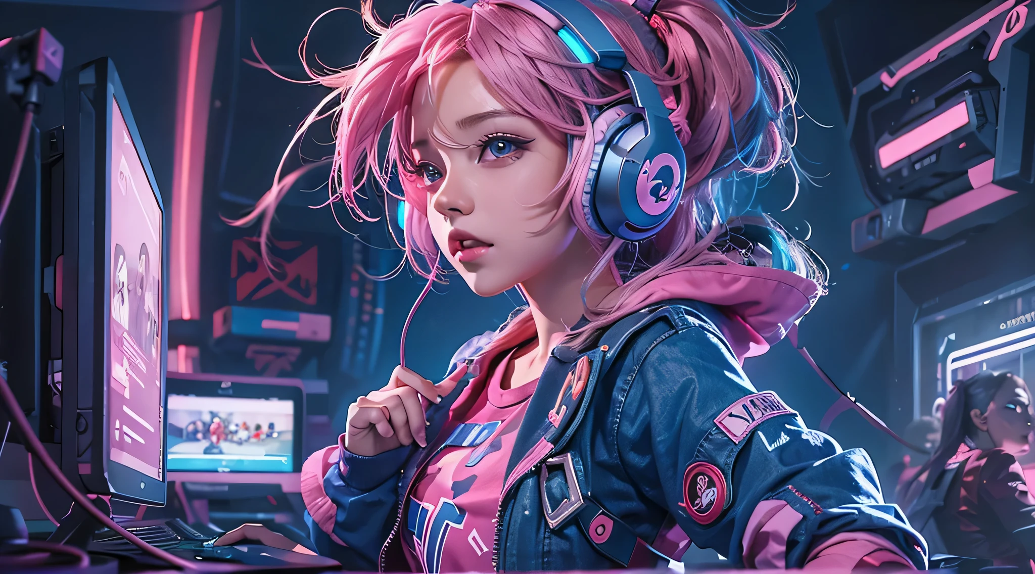 A girl with pink hair, wearing a colorful outfit and cosplay costume, stands in a dynamic pose. She has a playful expression on her face as she enjoys playing video games. The girl is a gamer, immersed in her virtual world, holding a console controller in one hand and a keyboard in the other. She wears headphones, symbolizing her dedication to gaming. The scene is set in a brightly lit studio with soft lighting, enhancing the vivid colors of the girl’s outfit. The composition is creative and cartoonish, with a background scenery featuring artistic interpretation of video game elements. Glowing digital effects surround the girl, adding to the energetic and action-packed atmosphere. Electric blue accents are scattered throughout the image, giving it a mysterious and futuristic feel. Overall, the prompt aims to capture the fun, enthusiasm, and creativity associated with gaming, while showcasing the girl's passion and love for video games in an anime-style artwork.
Gamer girl pink hair sexy outfit