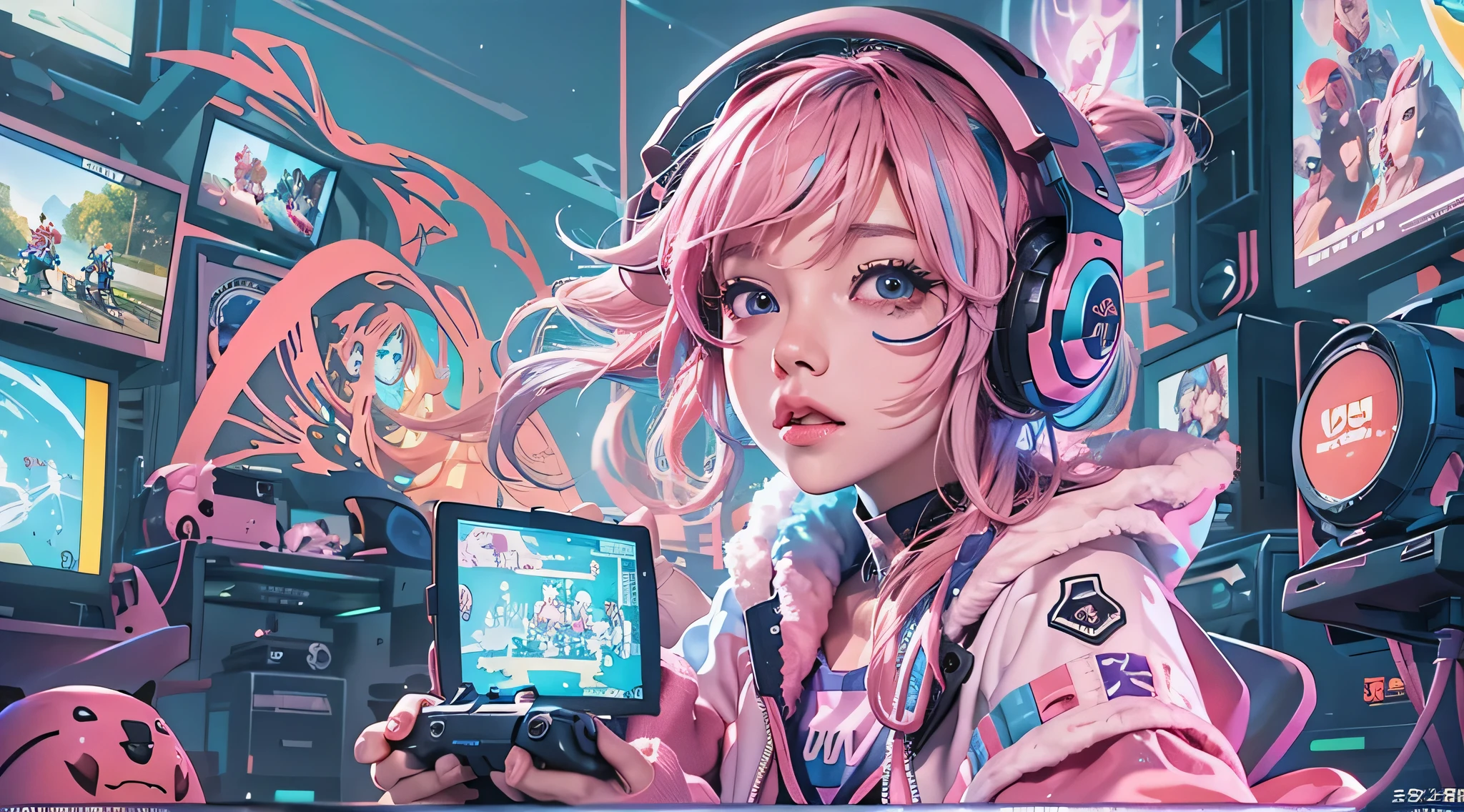 A girl with pink hair, wearing a colorful outfit and cosplay costume, stands in a dynamic pose. She has a playful expression on her face as she enjoys playing video games. The girl is a gamer, immersed in her virtual world, holding a console controller in one hand and a keyboard in the other. She wears headphones, symbolizing her dedication to gaming. The scene is set in a brightly lit studio with soft lighting, enhancing the vivid colors of the girl’s outfit. The composition is creative and cartoonish, with a background scenery featuring artistic interpretation of video game elements. Glowing digital effects surround the girl, adding to the energetic and action-packed atmosphere. Electric blue accents are scattered throughout the image, giving it a mysterious and futuristic feel. Overall, the prompt aims to capture the fun, enthusiasm, and creativity associated with gaming, while showcasing the girl's passion and love for video games in an anime-style artwork.
Gamer girl pink hair sexy outfit