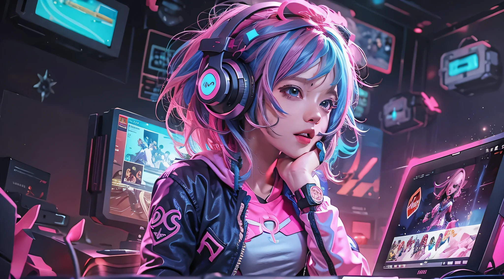 A girl with pink hair, wearing a colorful outfit and cosplay costume, stands in a dynamic pose. She has a playful expression on her face as she enjoys playing video games. The girl is a gamer, immersed in her virtual world, holding a console controller in one hand and a keyboard in the other. She wears headphones, symbolizing her dedication to gaming. The scene is set in a brightly lit studio with soft lighting, enhancing the vivid colors of the girl’s outfit. The composition is creative and cartoonish, with a background scenery featuring artistic interpretation of video game elements. Glowing digital effects surround the girl, adding to the energetic and action-packed atmosphere. Electric blue accents are scattered throughout the image, giving it a mysterious and futuristic feel. Overall, the prompt aims to capture the fun, enthusiasm, and creativity associated with gaming, while showcasing the girl's passion and love for video games in an anime-style artwork.
Gamer girl pink hair sexy outfit