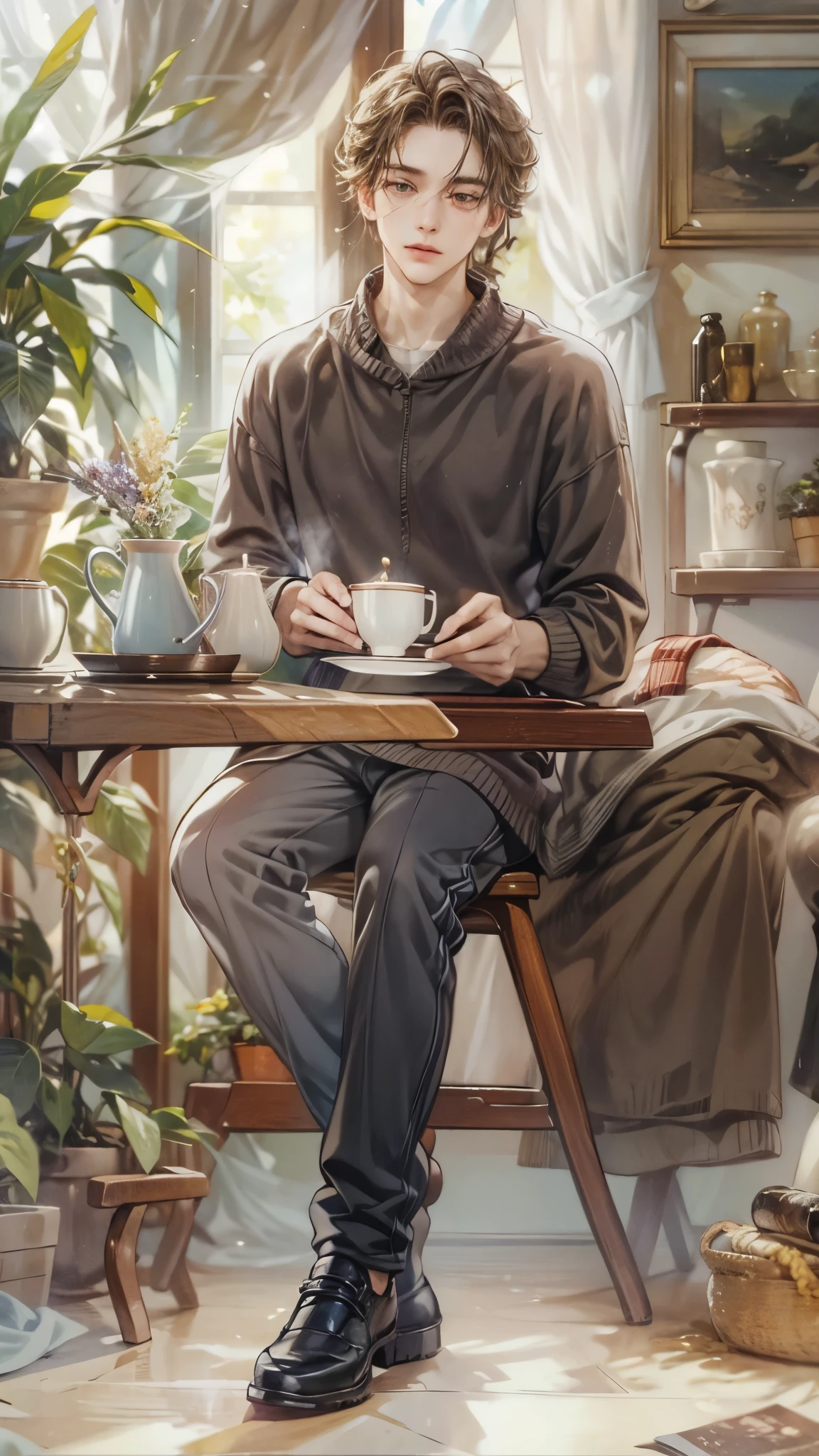 ((Best quality)), ((masterpiece)), (detailed), ((perfect face)), ((halfbody)) handsome young artist, engaging in various activities within his cozy home nestled in a serene forest. Capture moments of his daily life, such as painting, reading, playing a musical instrument, or enjoying a cup of tea, as he explores his creativity and self-discovery, all while surrounded by the warmth and comfort of his sanctuary