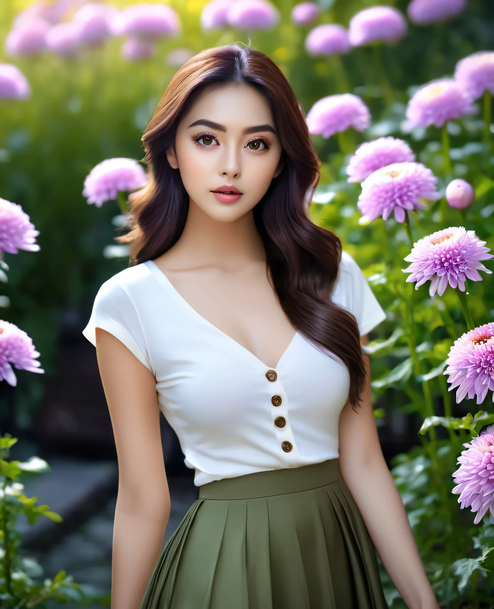 (best quality,4k,highres,masterpiece:1.5),ultra-detailed,(realistic,photorealistic,photo-realistic:1.37), beautiful girl 24 years old, beautiful detailed eyes,beautiful detailed lips,extremely detailed eyes and face,longeyelashes,1girl,illustration,soft lighting,vibrant colors,bokeh,romantic,dreamlike,ethereal vibe,Full Body Professional Photo, (Photo 4K:1.1) (Sharp Focus:1.1), High Detail, Woman in(beautiful chrysanthemum garden:1.2), Pretty Buttocks, long Hair, Instagram Pattern Pose, confident, slim girl, big tits:1.2, perfect anatomy, perfect symmetry:1.2, Realistic, realistic face:1.3, perfect face, content, confident, very detailed, and dramatic, cinematic lighting, Lighting scene, soft lights graceful movement, full body photography, (((masterpiece :1.5))), photoreal acmm ss outfit, wearing acmm top, light purple acmm top, short sleeves, buttons, wearing acmm long skirt, white and pink with printed acmm long skirt, acmm ls outfit, wearing acmm top, olive green acmm top, long sleeves, wearing acmm long skirt, olive green acmm long skirt, printed skirt