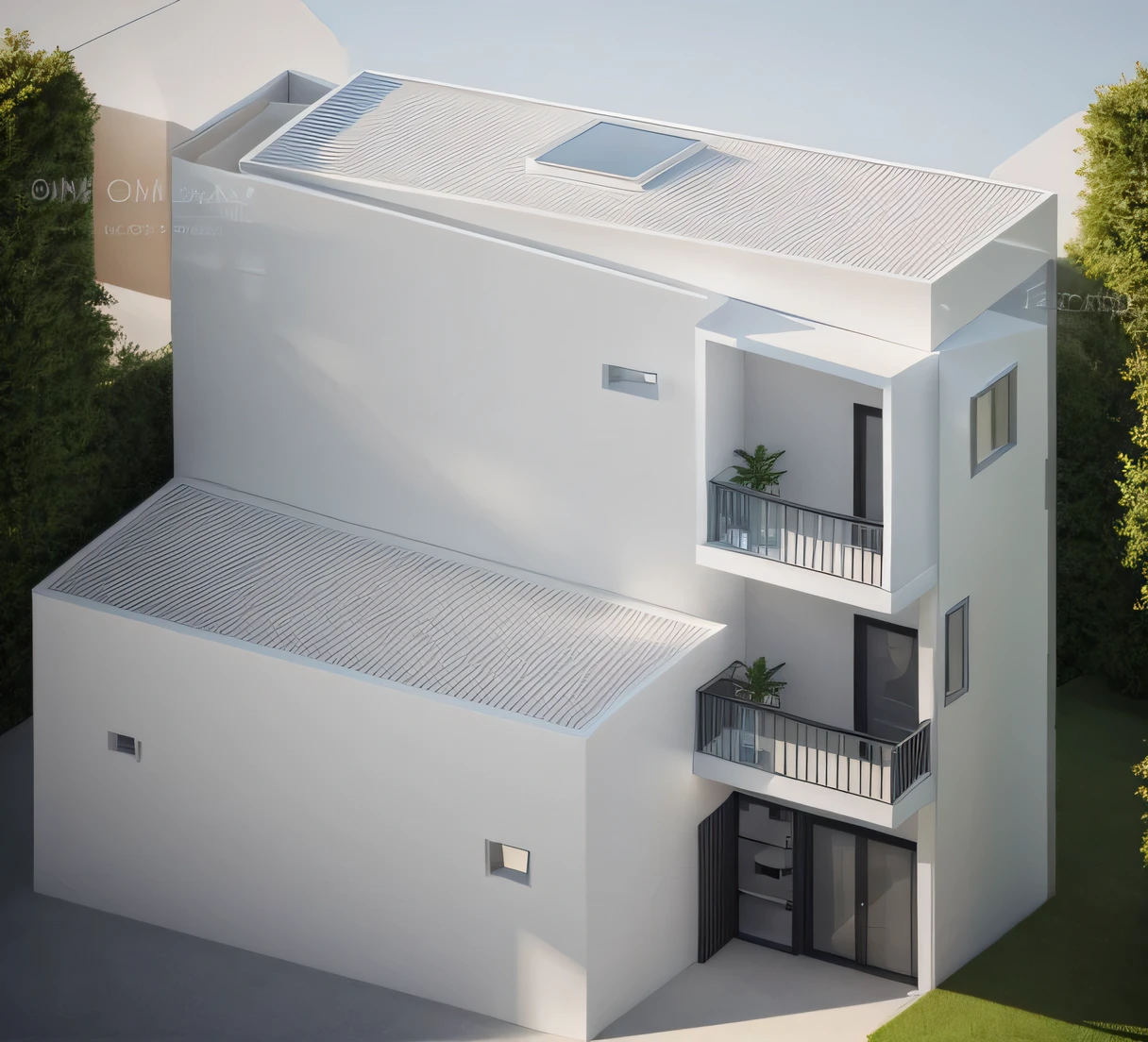 masterpiece, (photorealistic:1.2), best quality, ultra high res, exterior,architechture,modern house,white wall, glass windows,,trees,design,trees around, blue sky,in the style of realistic hyper-detailed rendering, 32k uhd, low-angle, composite construction, piles/stacks, innovative page design, daylight,render( Vray:1.1)
