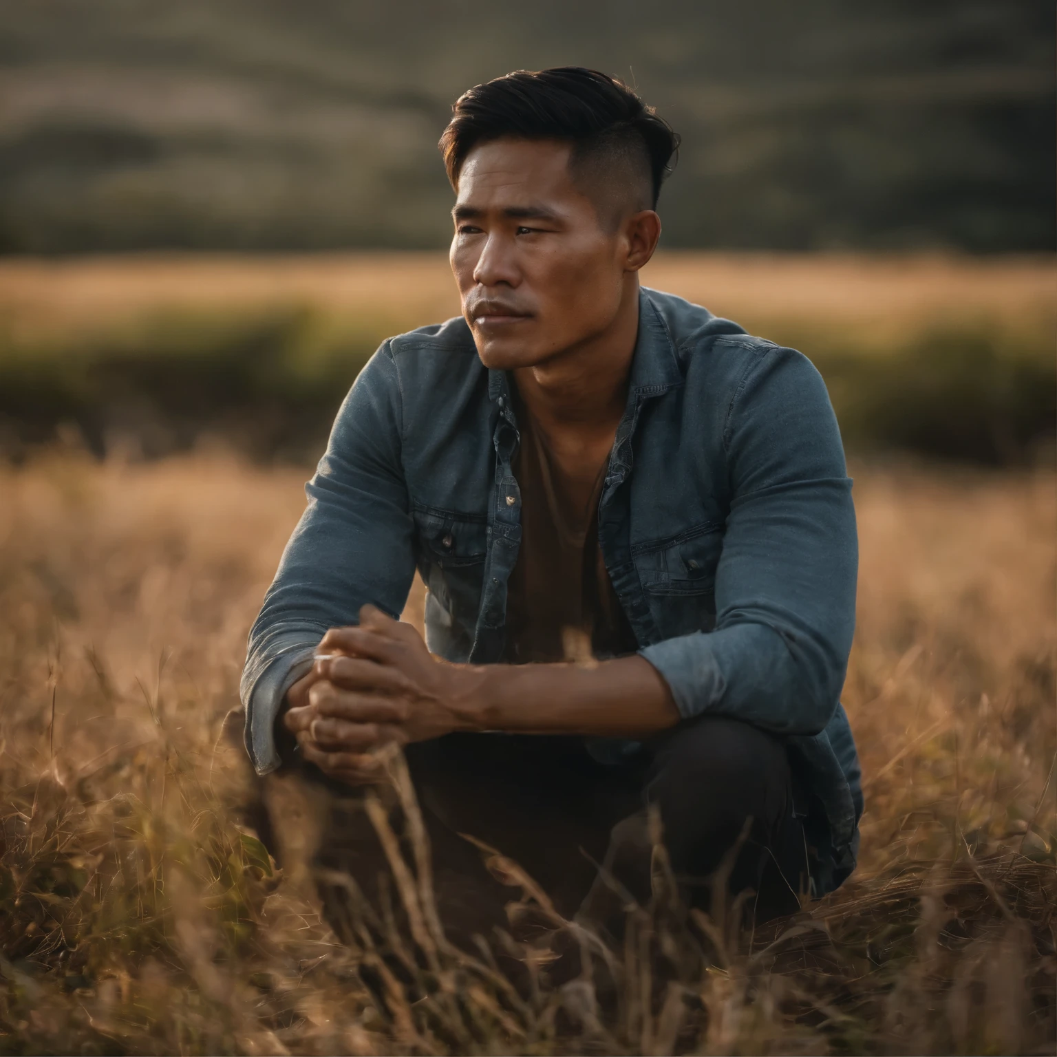 Generate a side view image of a 30-year-old Thai man sitting in a field, showing stress from encountered problems, while clasping his hands together. Focus on clear facial features and defined pores, and strive for the most realistic depiction possible.