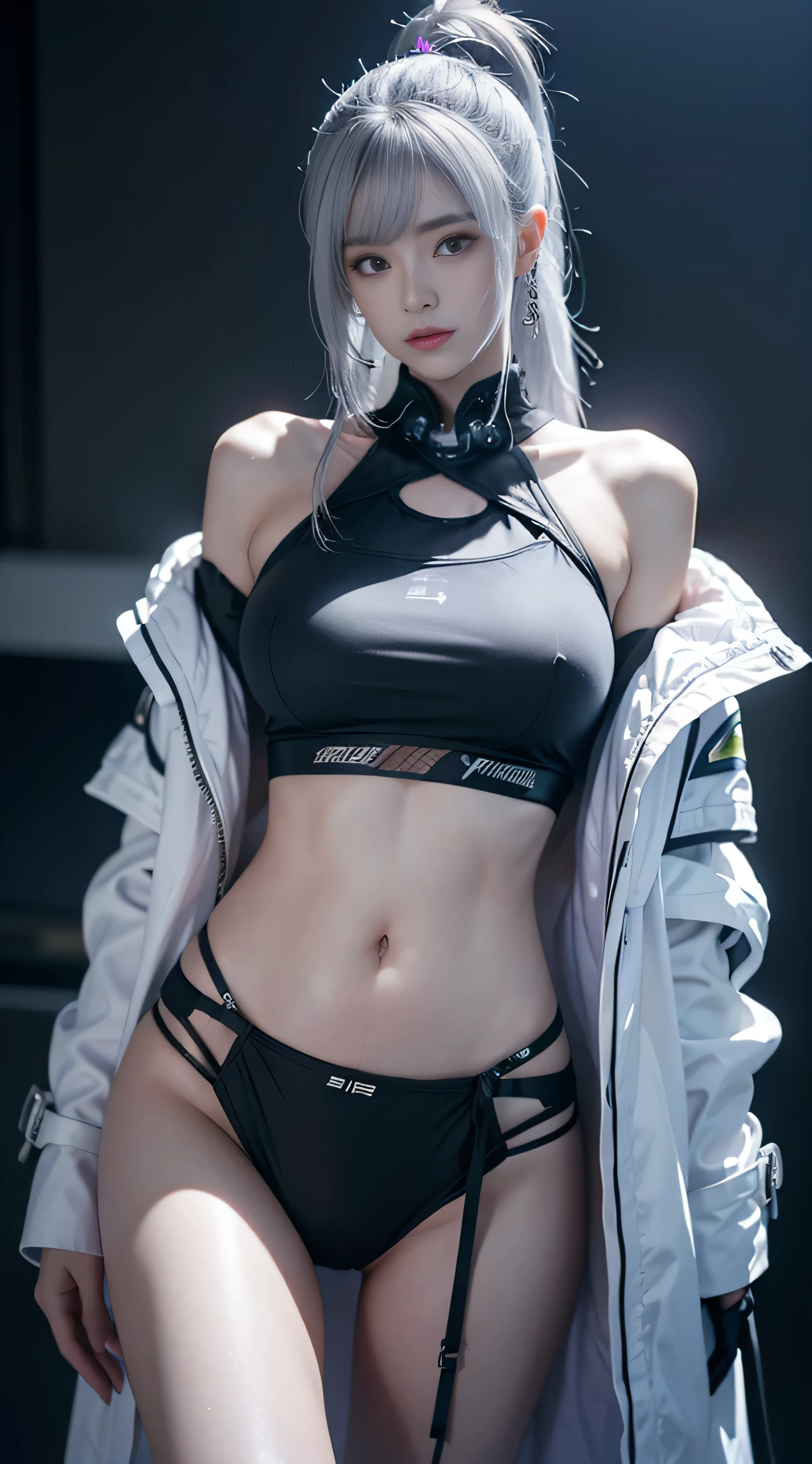 masterpiece,best quality,high resolution,8k,Focus on the thighs and above,RAW photos,digital photography,(Sci-fi style female family),20 year old girl,Long ponytail hairstyle,through bangs,(purple eyes),(white hair),A plump chest,felling,Elegant and noble,Serious and indifferent,Open white coat,Black camisole bra,rich details,close your mouth,show your belly button,Intricate ornaments,cyberpunk futuristic style,(Female Scholar),photo poses,White background,oc render reflection texture,take a shower