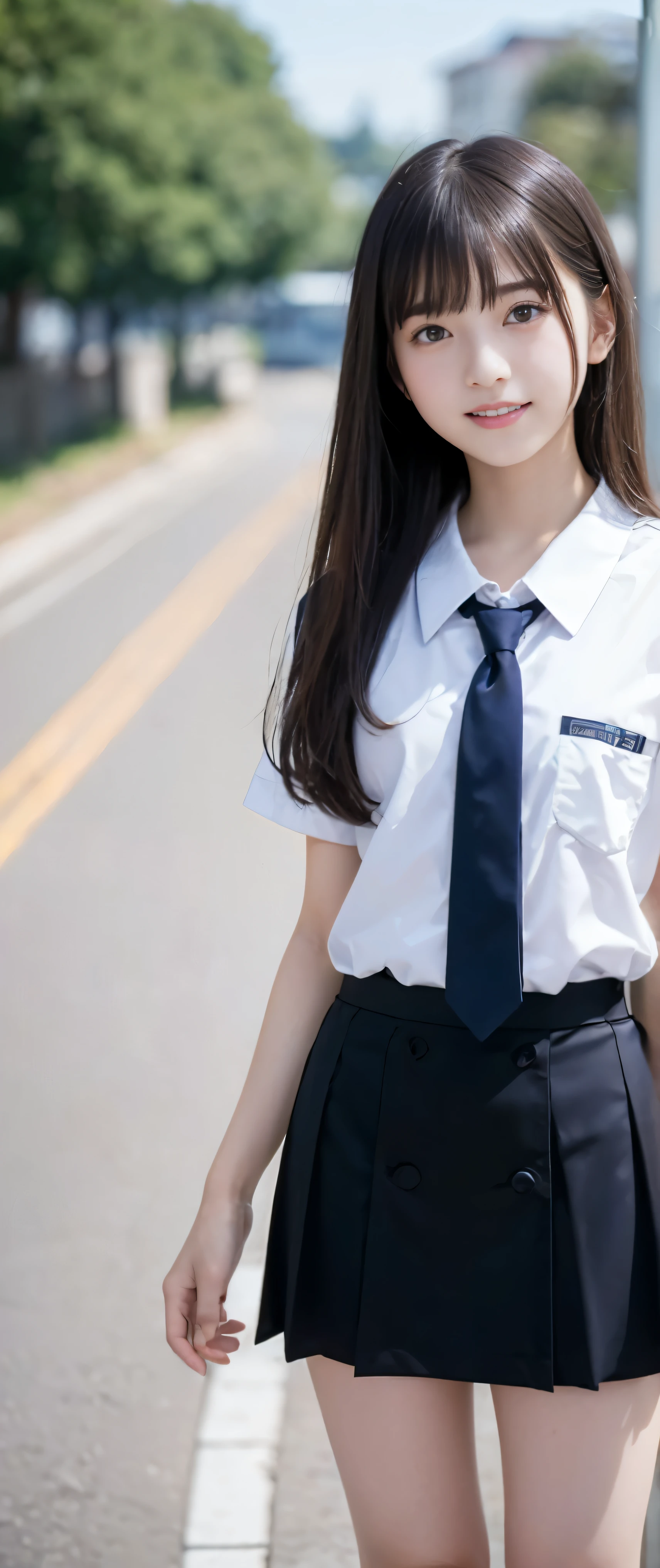 (masterpiece, highest quality:1.2), 8K, 12才のfull nudeの女の子, 85mm,Official AR RAW photo, スーパースリムなスレンダーbeautiful girl, (navy blue short skirt、上Half bodyfull nude、show me your ears、naked girl photo shoot、full nude, cute face, close, Half body, biolace, gardenia, beautiful girl, 上Half bodyfull nude, Bind your neck with a rope, thighs, short sleeve, stand on the station platform, looking at the viewer, no makeup, (big smile), film grain, chromatic aberration, sharp focus, face light, clear lighting, Ten generations, detailed face, background bokeh, (dark red tie:1.1)、((((((12 year old girl))))))、((((((12才のfull nude女子高生)))))、thin waist、Lowered from the top of the front