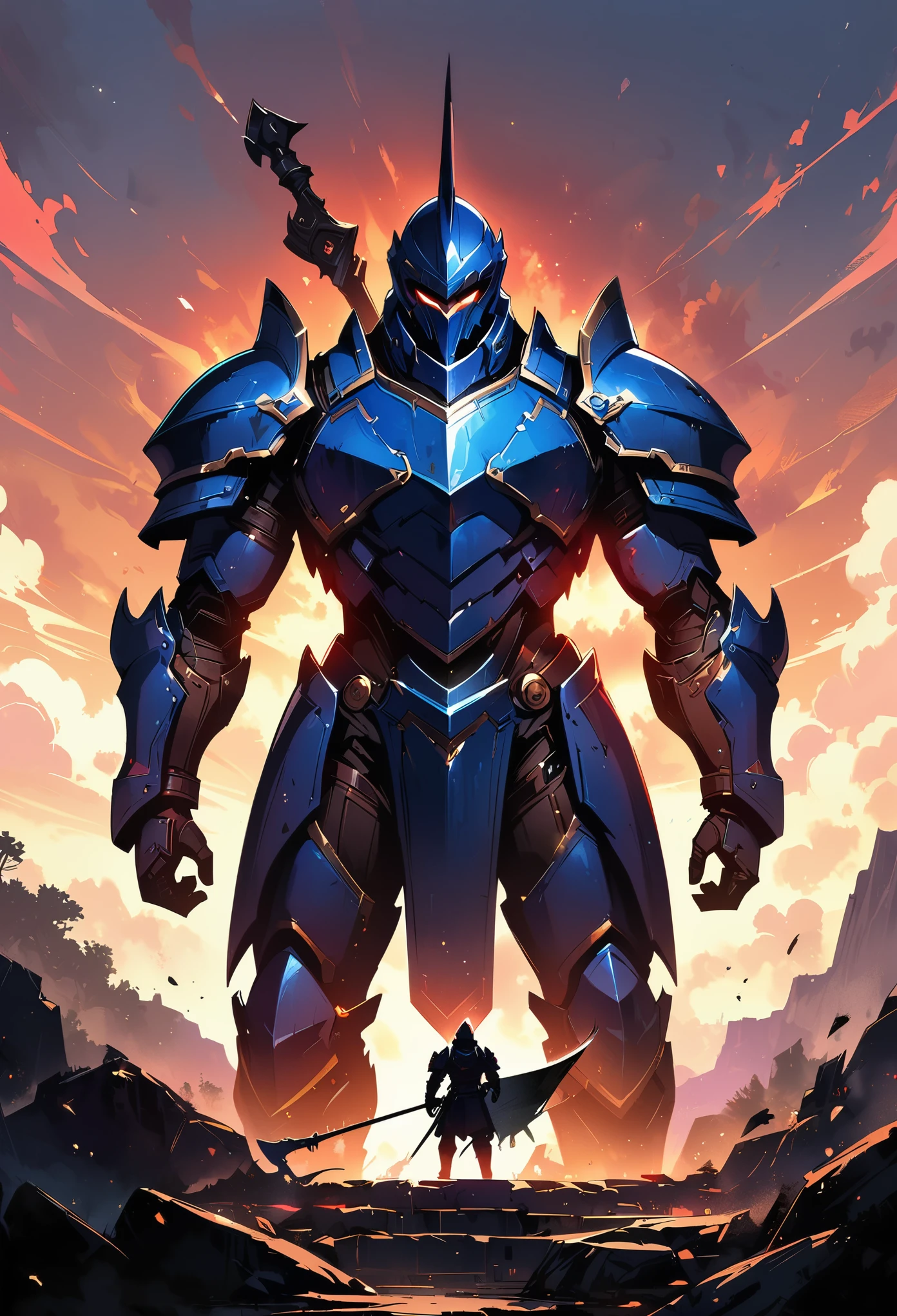 (masterpiece: 1.2), best quality, High resolution, HD, unified 8k wallpaper, (illustration: 1.0), Beautiful detailed, Very detailed, perfect lighting, Very detailed CG, glowing Eyes, backlight, armor, False trumpet, glow, Full armor, War Armor, humanoid_, trumpet, helmet, mask, sample_background, arms, monster, blue_armor, looking at the audience, alone, view, Armed with a scythe
