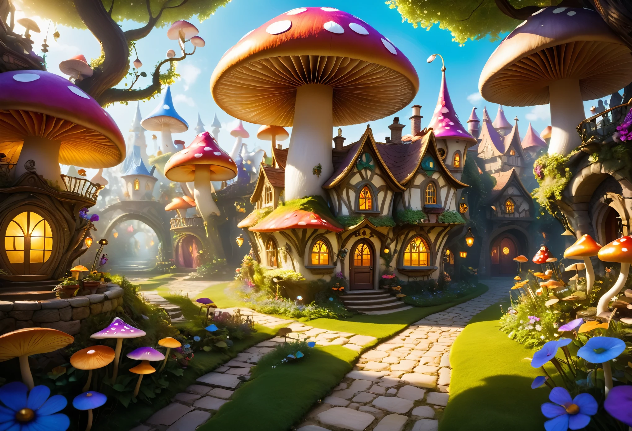(surreal,high resolution,4K,masterpiece:1.2),(bright colors,Bokeh,artistic lighting),Alice in Wonderland themed fairy tale town,story book,Beautifully detailed building,Whimsical landscape,Magic Street,Playful characters,Weird costumes and props,Floating teacups,Dream mushrooms,floral decoration,hidden doorway,magic tree,dreamy atmosphere,bright colors and contrasts,Fantasy lighting effects,Ethereal scene,dreamy atmosphere,Fascinating details,Pay attention to textures and patterns.