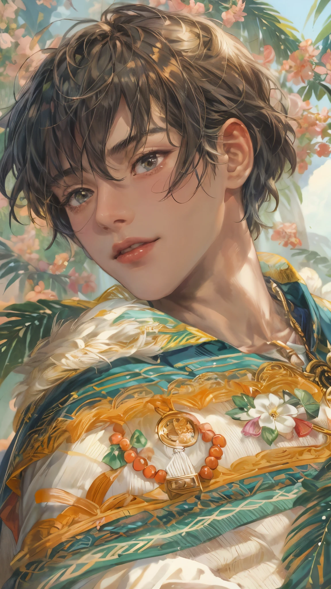 (masterpiece,best quality,ultra_detailed,highres,absurdres), close-up , perfect face, handsome boy, shorthair, Philippine ethnic costume, detailed festival in town scenery, scenery of town Philippines style, detailed character 
