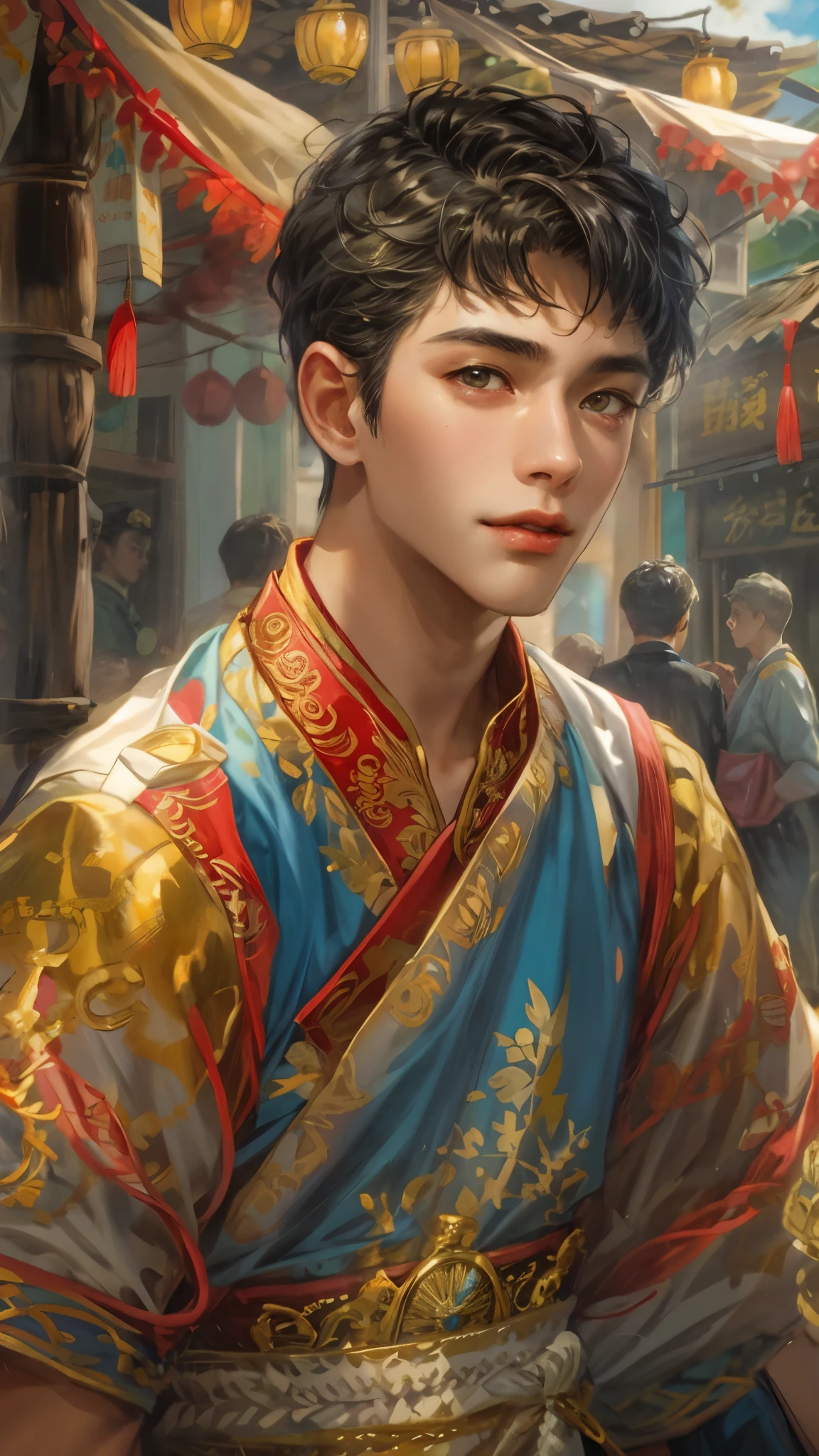 (masterpiece,best quality,ultra_detailed,highres,absurdres), close-up , perfect face, handsome boy, shorthair, Philippine ethnic costume, detailed festival in town scenery, scenery of town Philippines style, detailed character