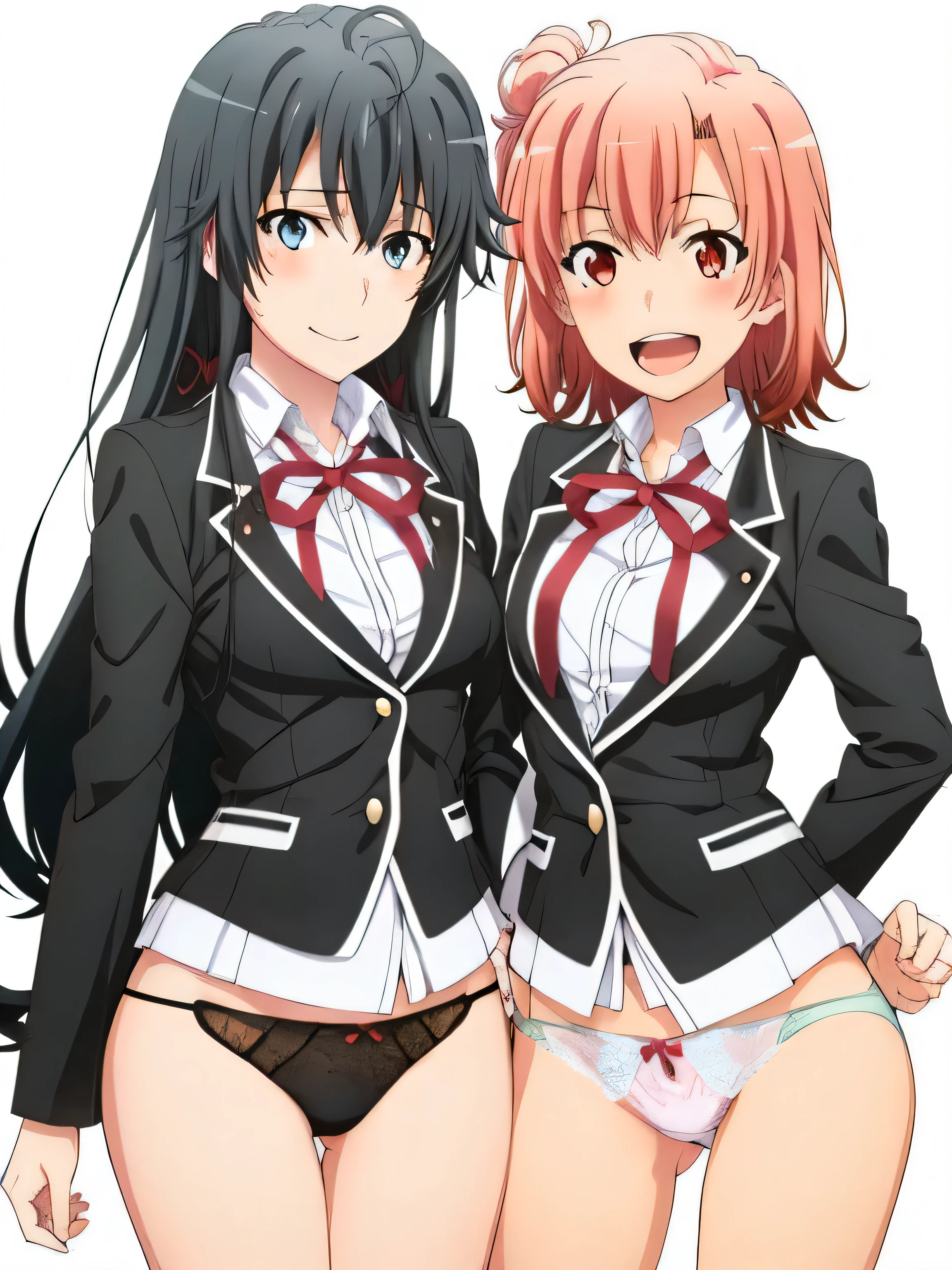 2 girls , Yukinoshita Yukino , yuigahama yui'bust and hips are great, waltz dance , uniform,black blazer,white shirt,ribbon,Light pink lace panties,white lace panties,(pussy line:1.0),thighs,high angle,look at the camera,smile,open your mouth,(I'm embarrassed and blushing),