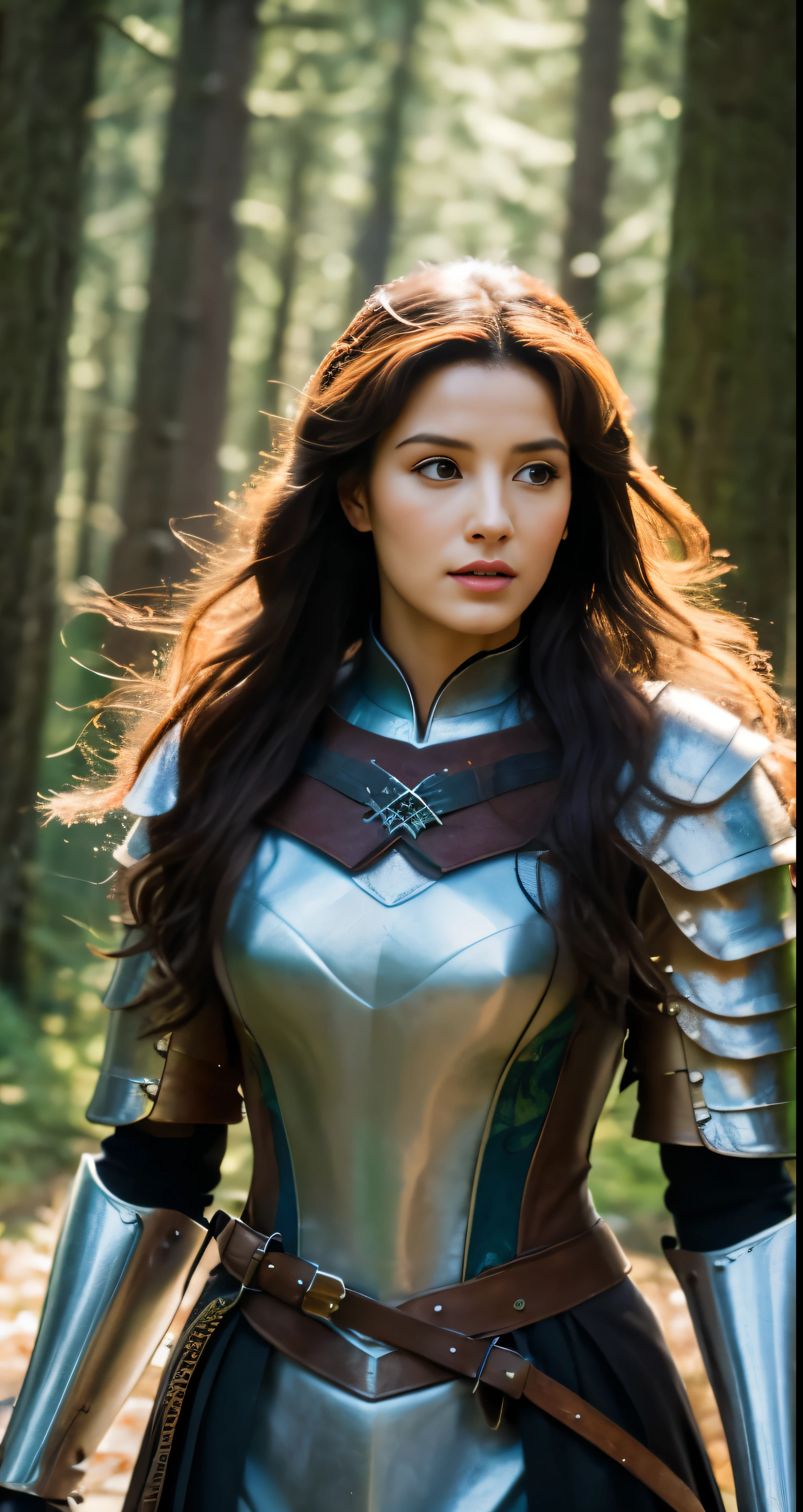 best quality, masterpiece, ultra high res, strong woman, long curly hair, leather armor, medieval clothing, archer, elaborate bow, mystical runes, magical, detailed background, forest, extreme detail, 4k,  