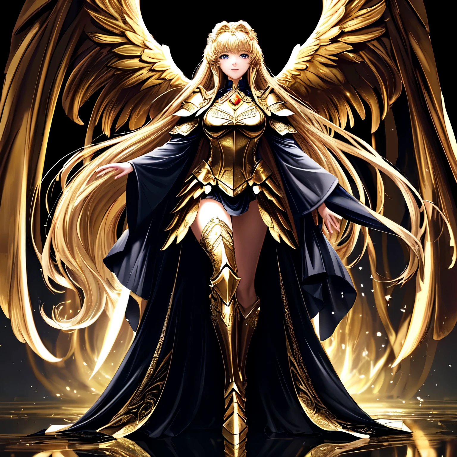 (masterpiece), (best quality), (high detail), best quality, extremely beautiful, beautiful face, angel woman, 2 big golden wing, full body. revealing armor with open_front_skirt, very long hair