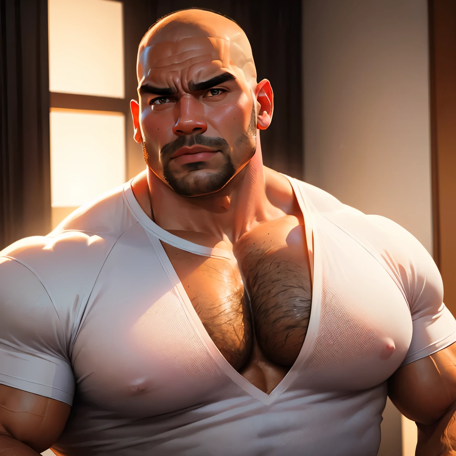 an exaggeratedly muscular and large bald bodyguard, beefy build, mixed race, (wearing a white undershirt: 1.2), (bara pecs: 1.3), (hairy chest: 1.1), close-up portrait HD, hotel room with pink lights