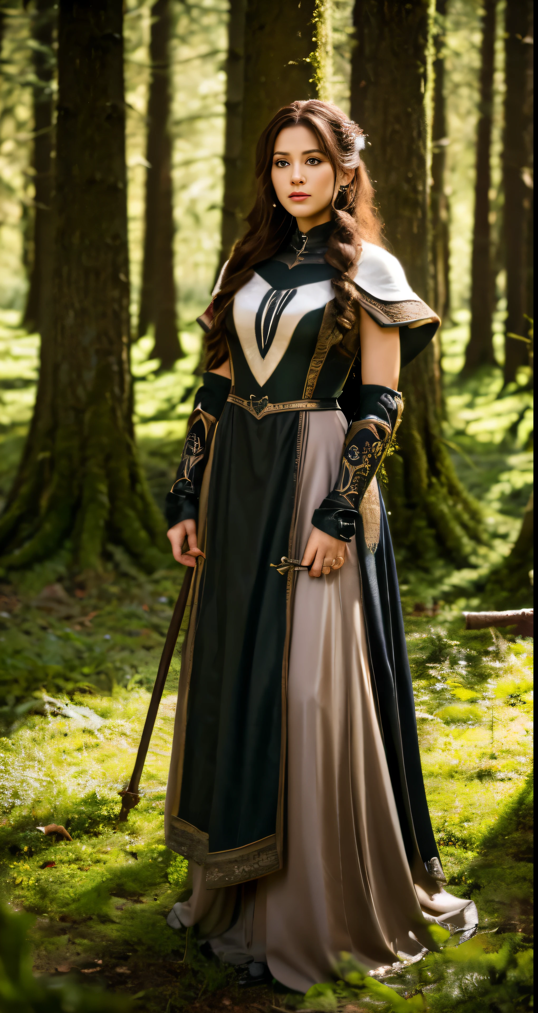 best quality, masterpiece, ultra high res, strong woman, long curly hair, leather armor, medieval clothing, archer, elaborate bow, mystical runes, magical, detailed background, forest, extreme detail, 4k,